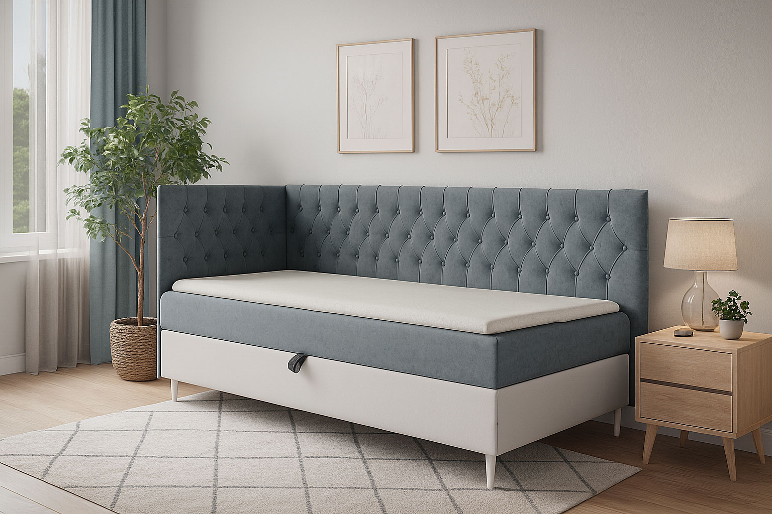 Aranżacja wnętrza z szarym łóżkiem Velmari