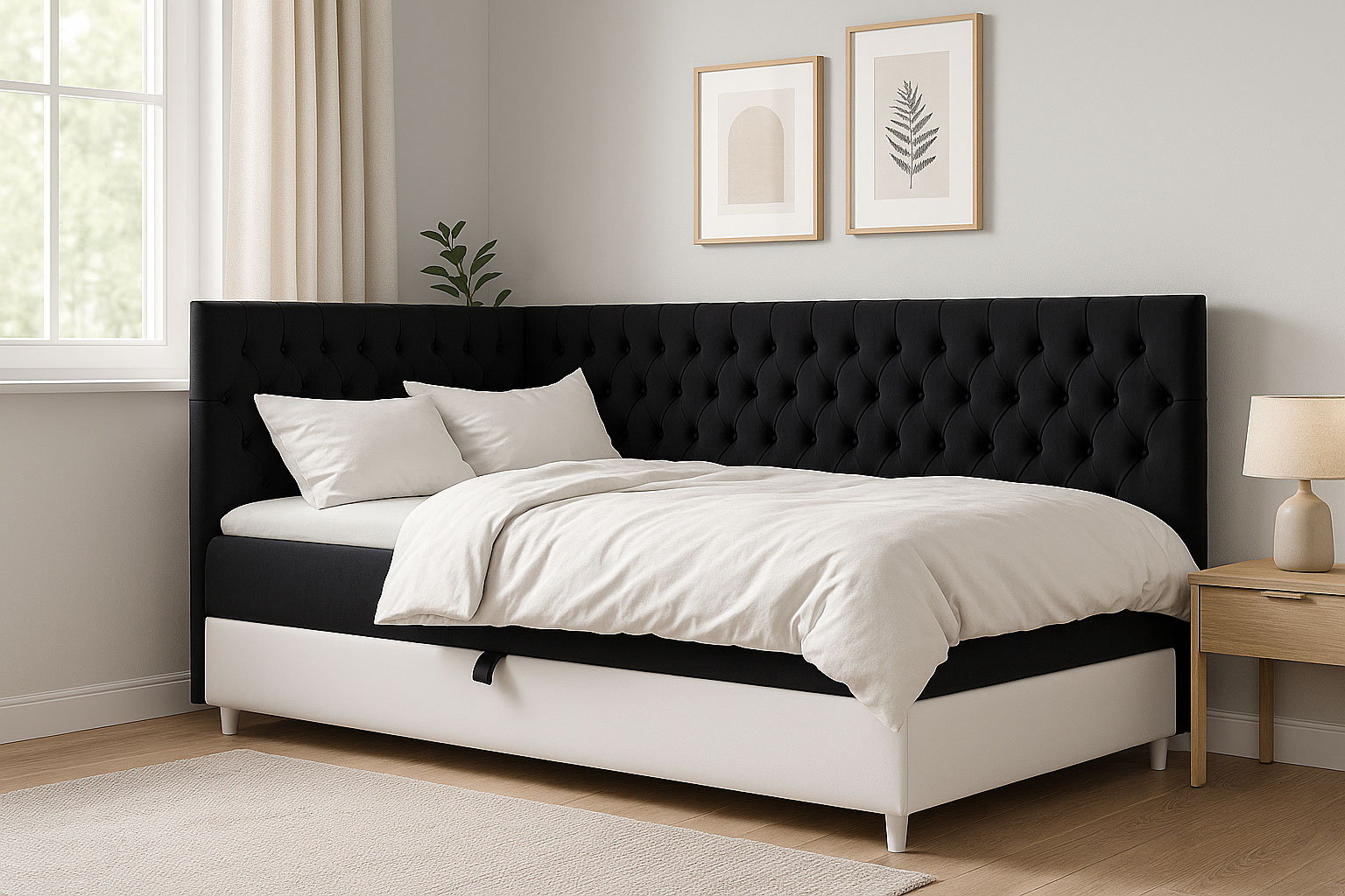 Aranżacja wnętrza z czarnym łóżkiem Velmari