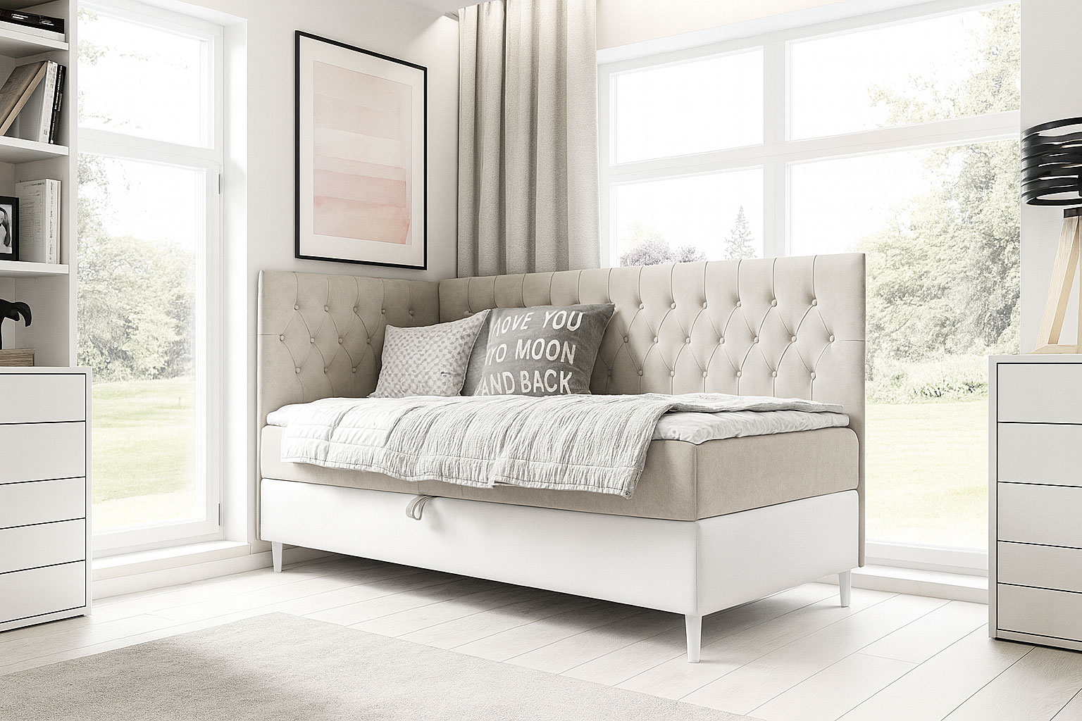 Aranżacja wnętrza z jasoszarym łóżkiem Velmari