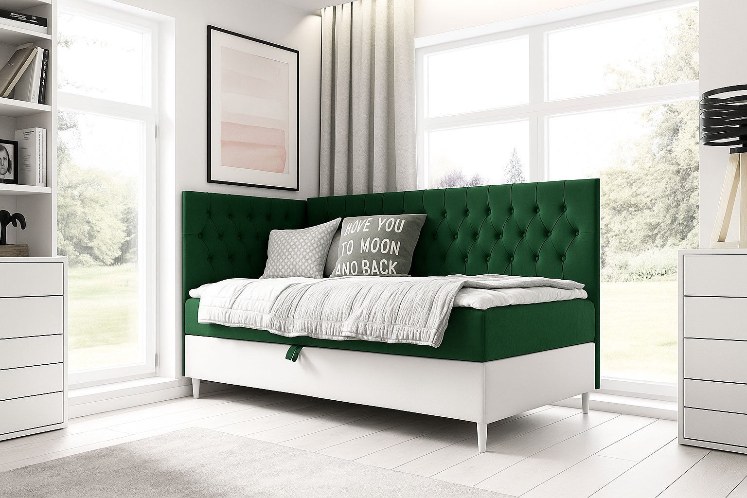 Aranżacja wnętrza z ciemnozielonym łóżkiem Velmari