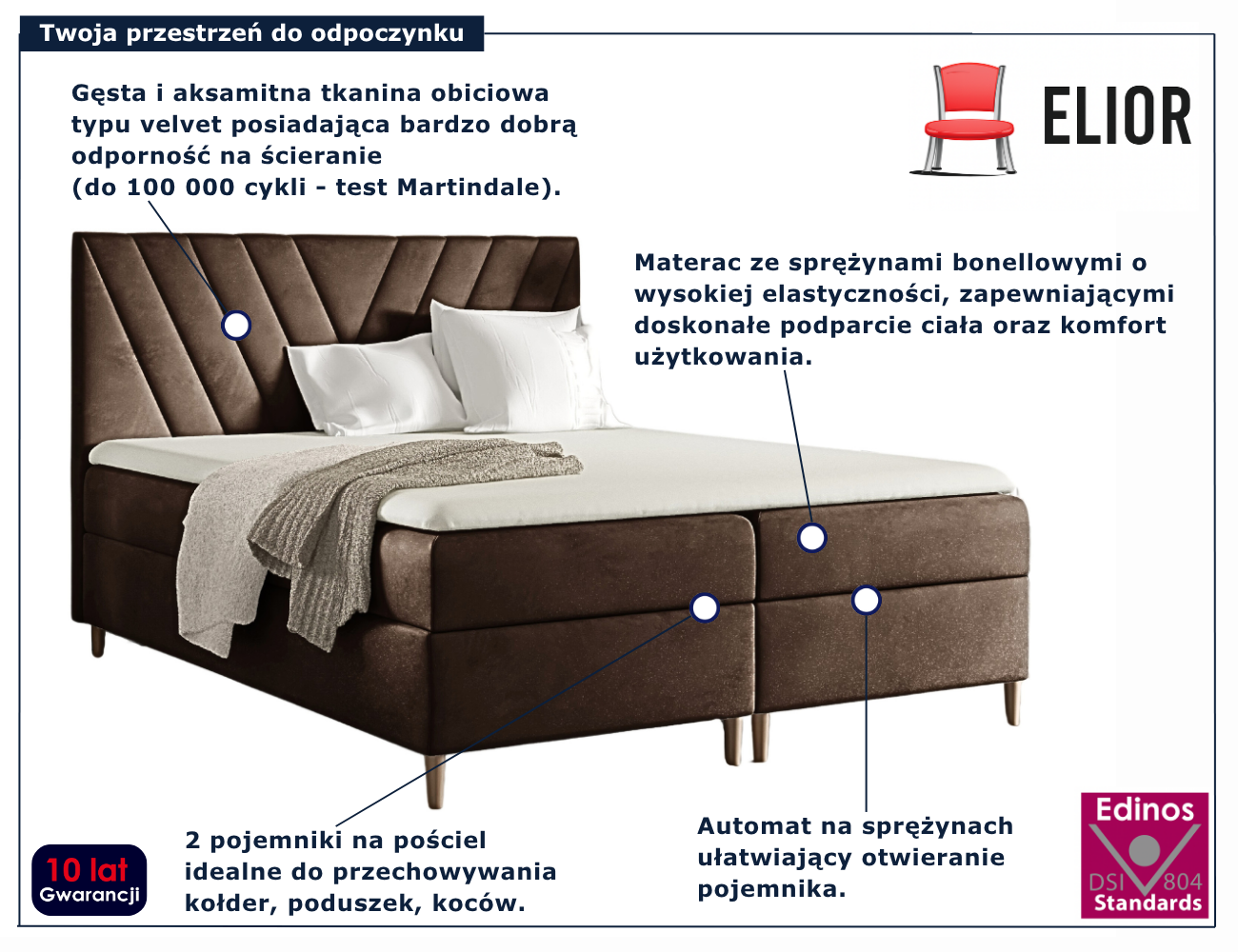 Brązowe łóżko z pikowanym zagłówkiem Vellano