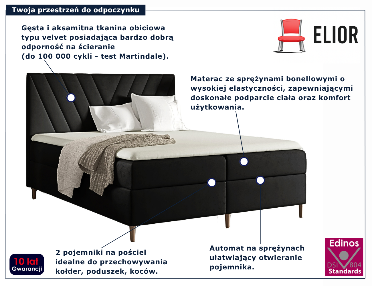 Czarne łóżko z pikowanym zagłówkiem Vellano