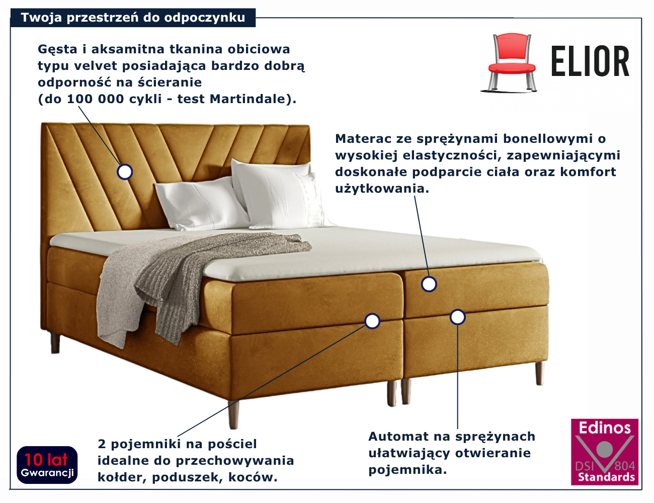 Musztardowe łóżko z pikowanym zagłówkiem Vellano