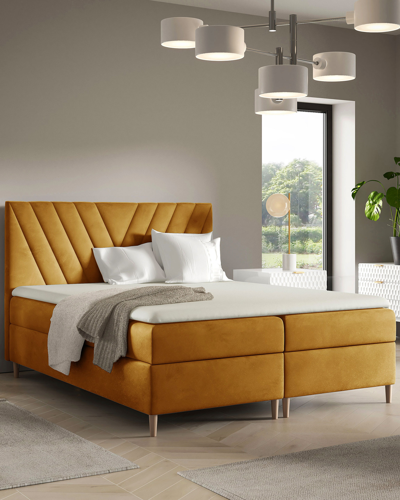 Aranżacja wnętrza z musztardowym łóżkiem 