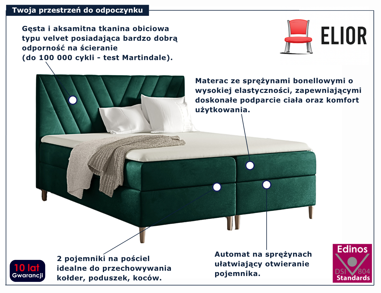 Łóżko w kolorze morskim z pikowanym zagłówkiem Vellano