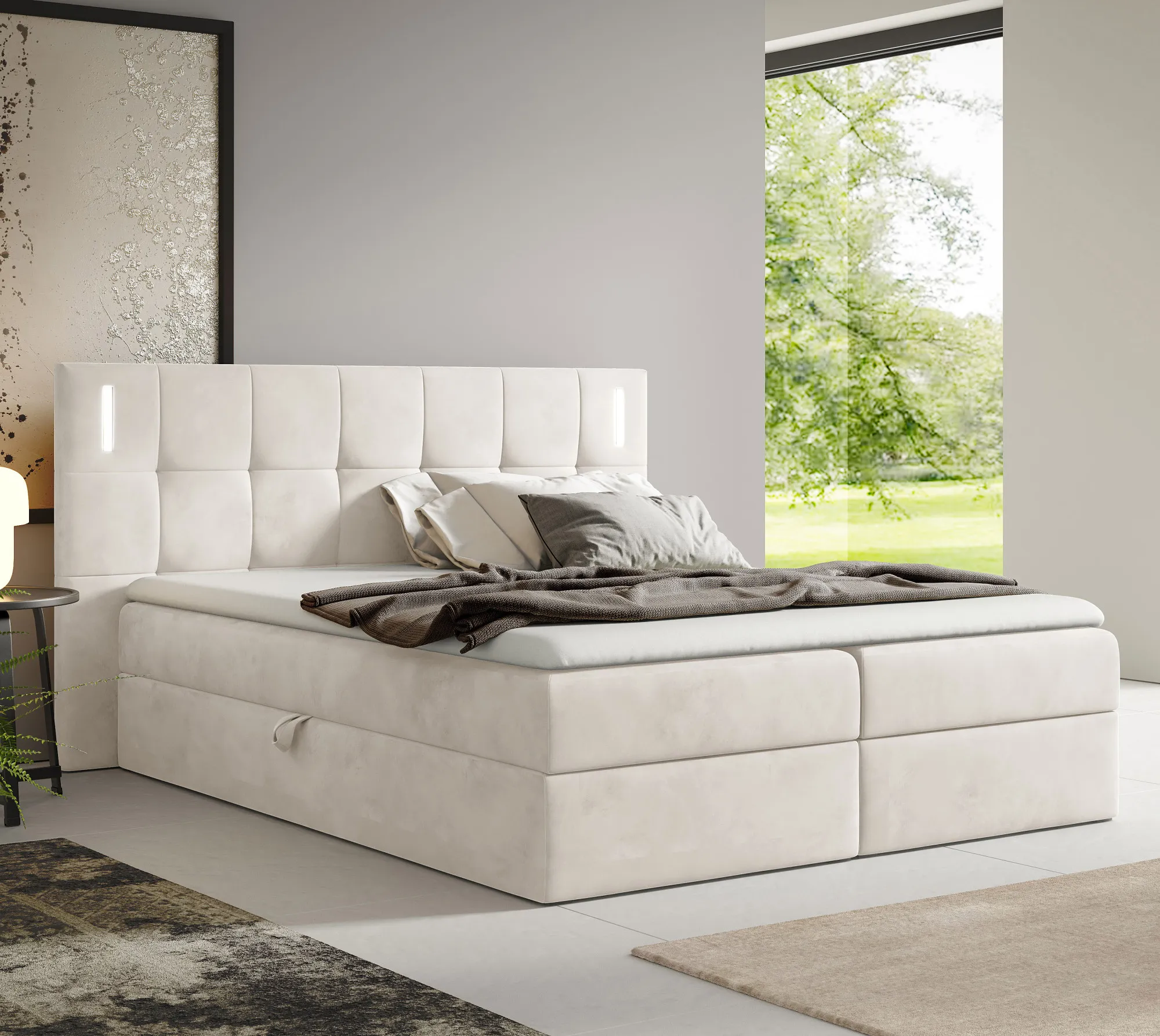 Aranżacja wnętrza z łóżkiem w kolorze jasnoszare