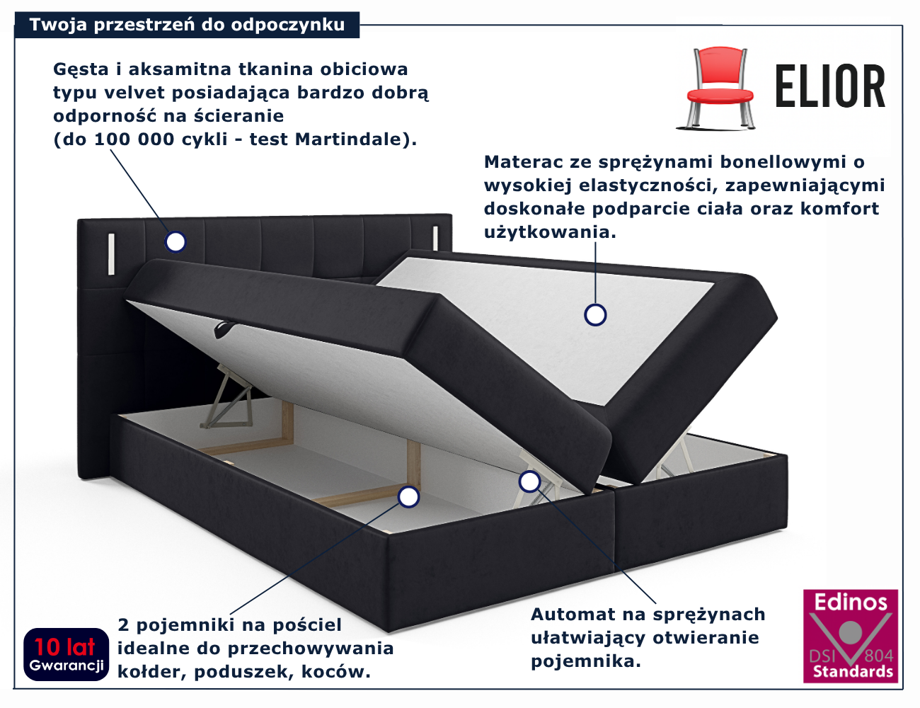 Łóżko w kolorze czarnym z pikowanym zagłówkiem Esarri