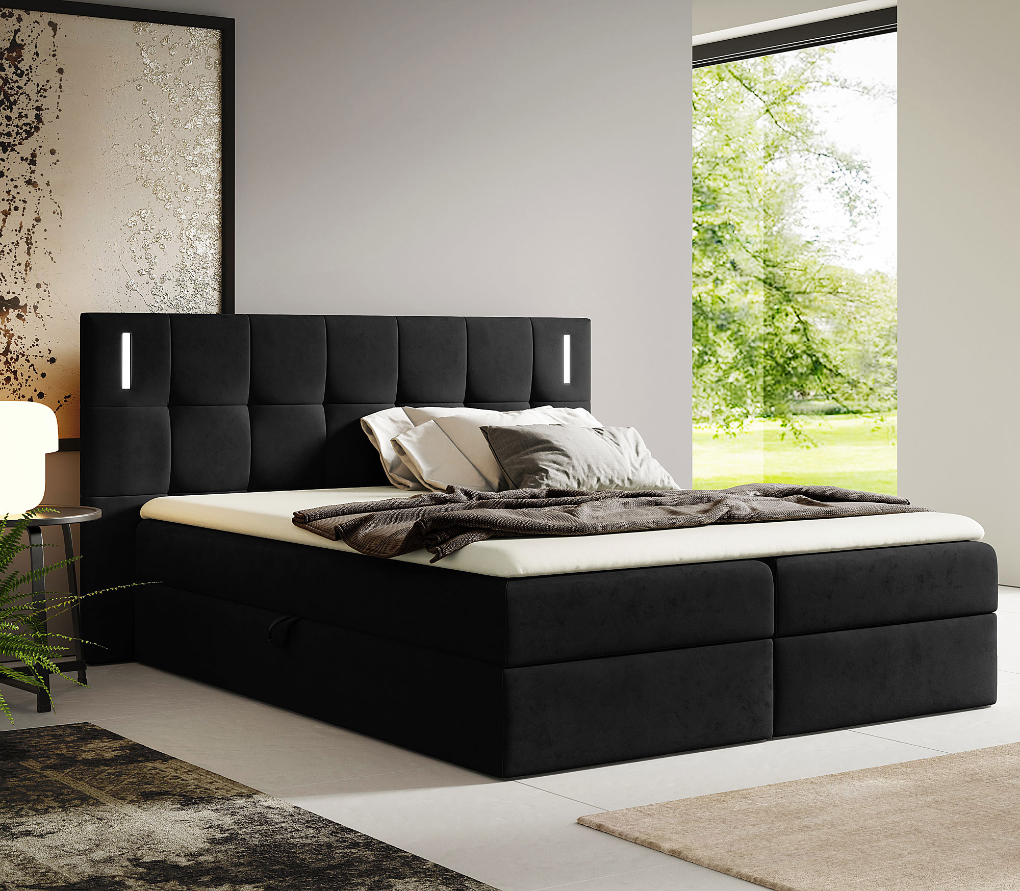 Aranżacja wnętrza z łóżkiem w kolorze czarnym