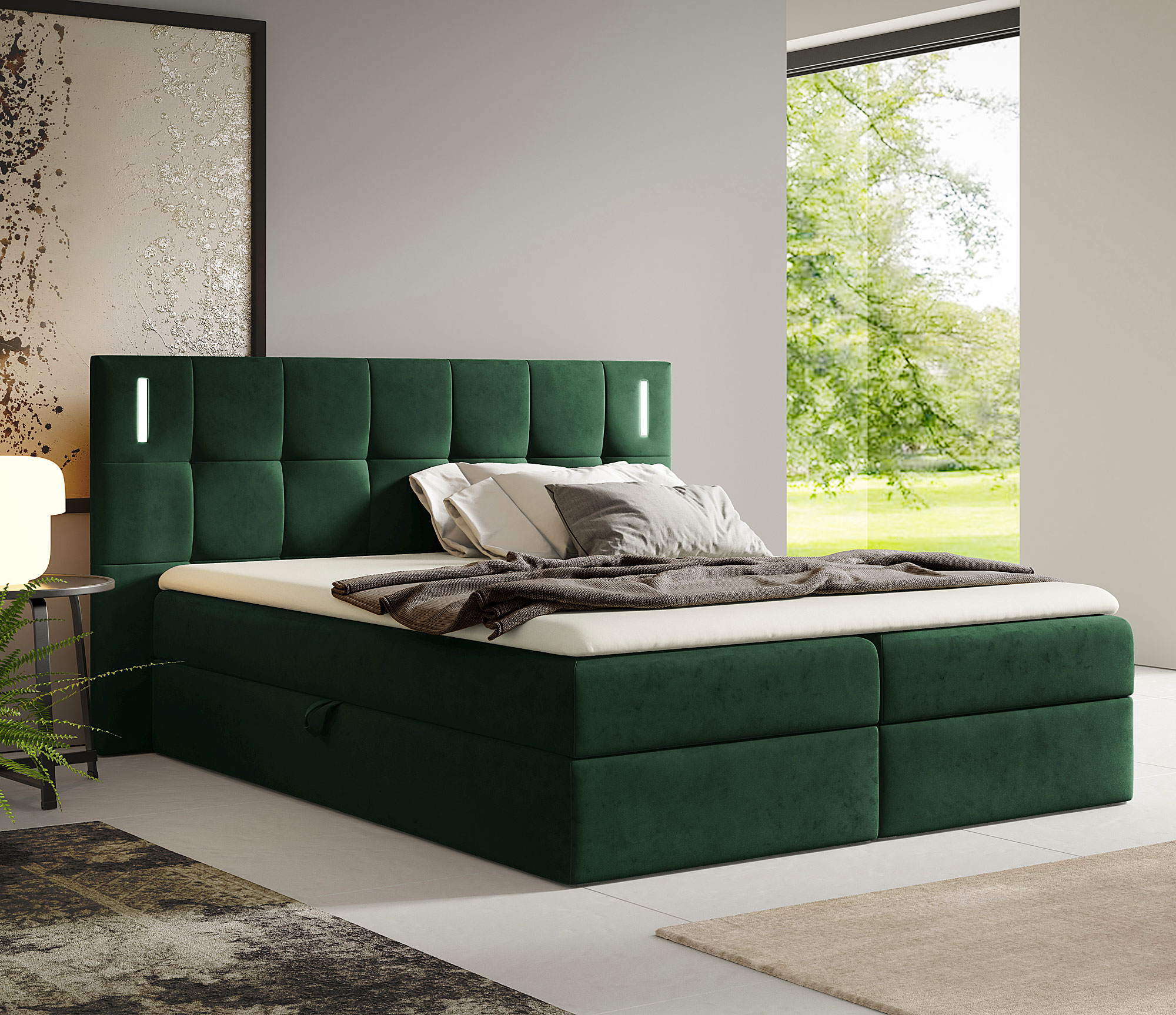 Aranżacja wnętrza z łóżkiem w kolorze zielonym