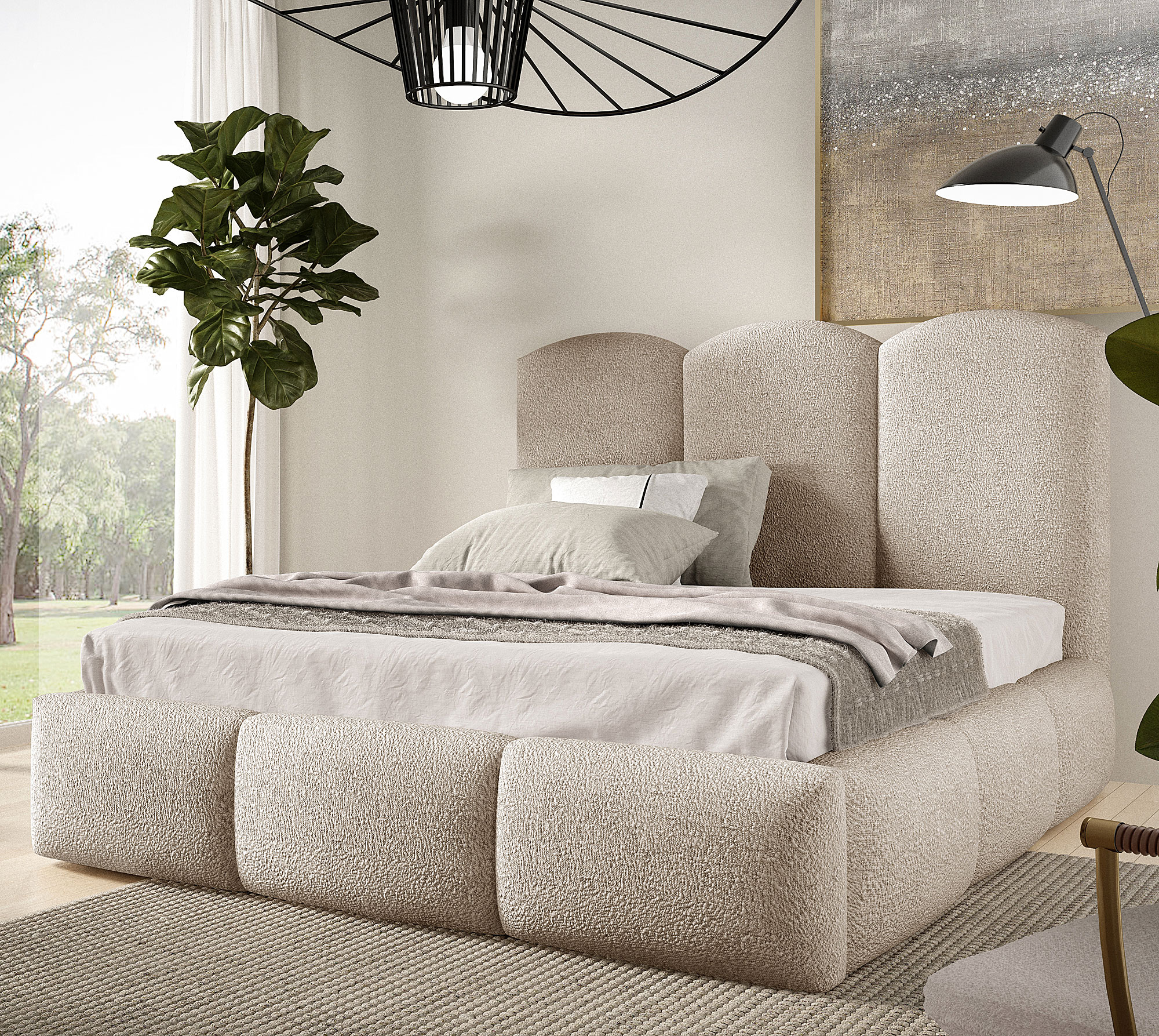 Aranżacja wnętrza z beżowym łóżkiem Rosmeri