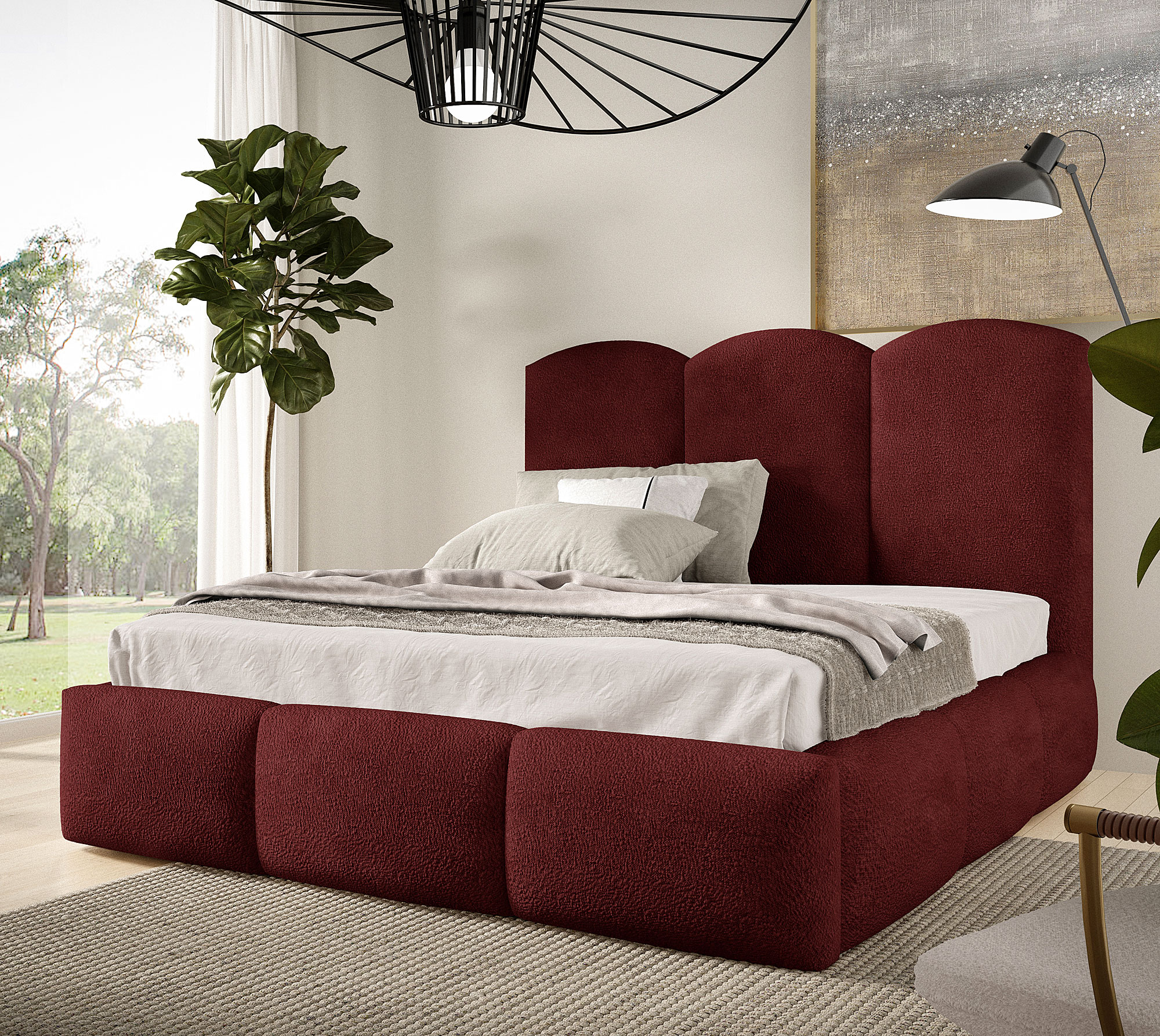 Aranżacja wnętrza z bordowym łóżkiem Rosmeri