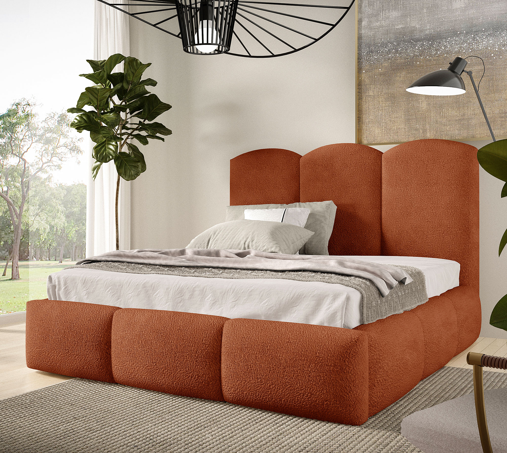 Aranżacja wnętrza z pomarańczowym łóżkiem Rosmeri