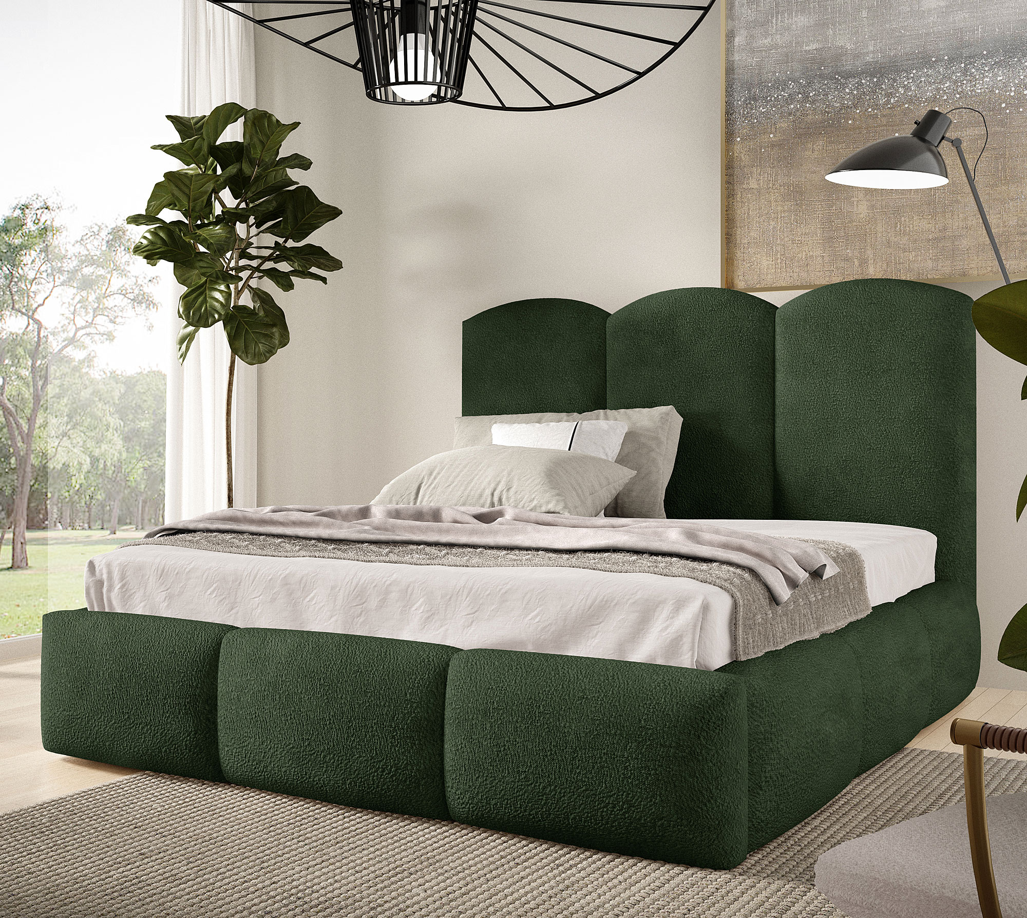 Aranżacja wnętrza z zielonym łóżkiem Rosmeri