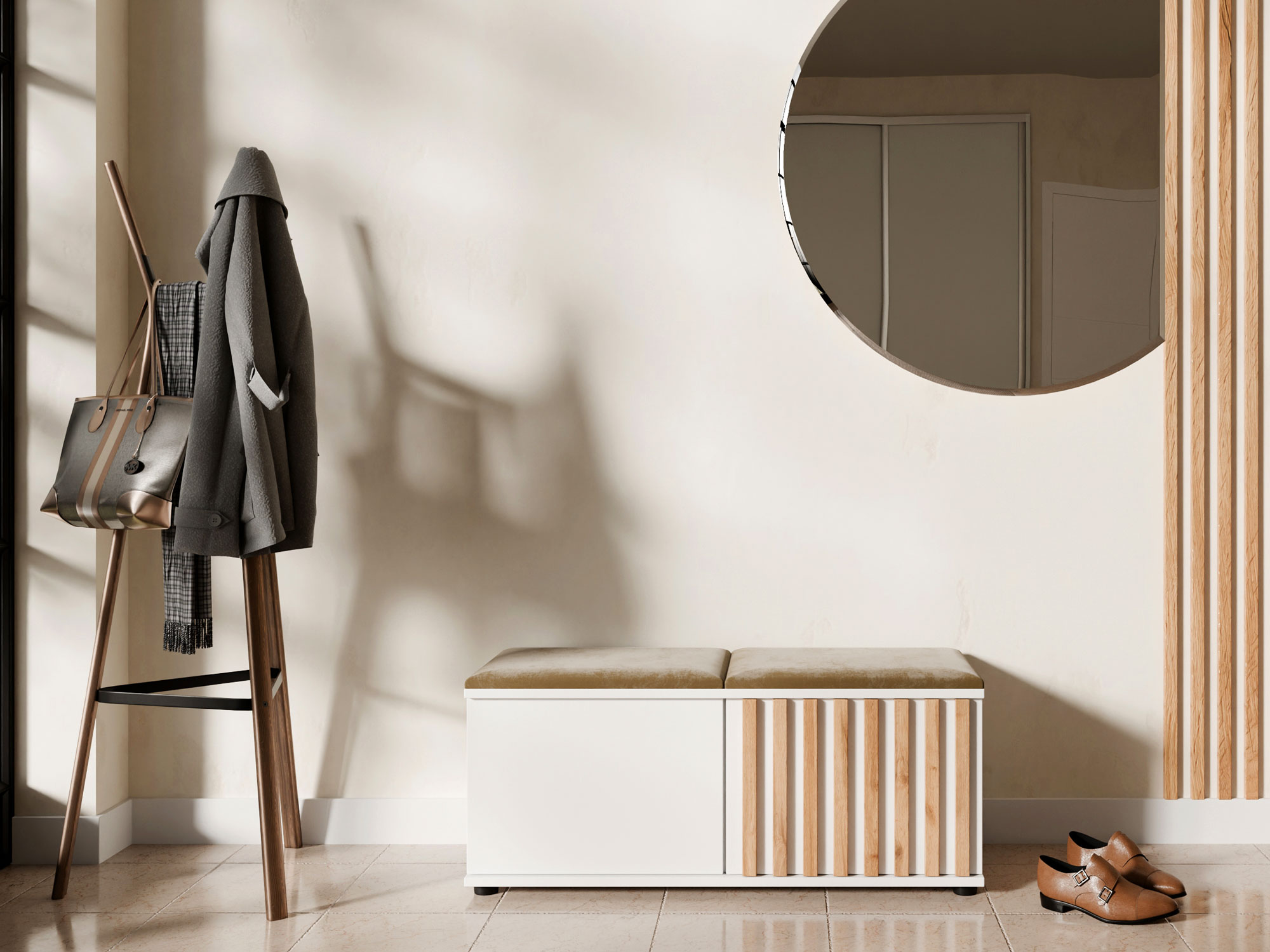 Przedpokój z białą szafką na buty z siedziskiem Benisso