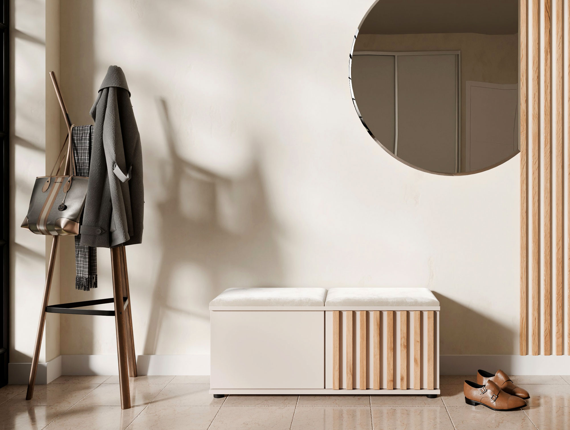 Przedpokój z kaszmirową szafką na buty z siedziskiem Benisso