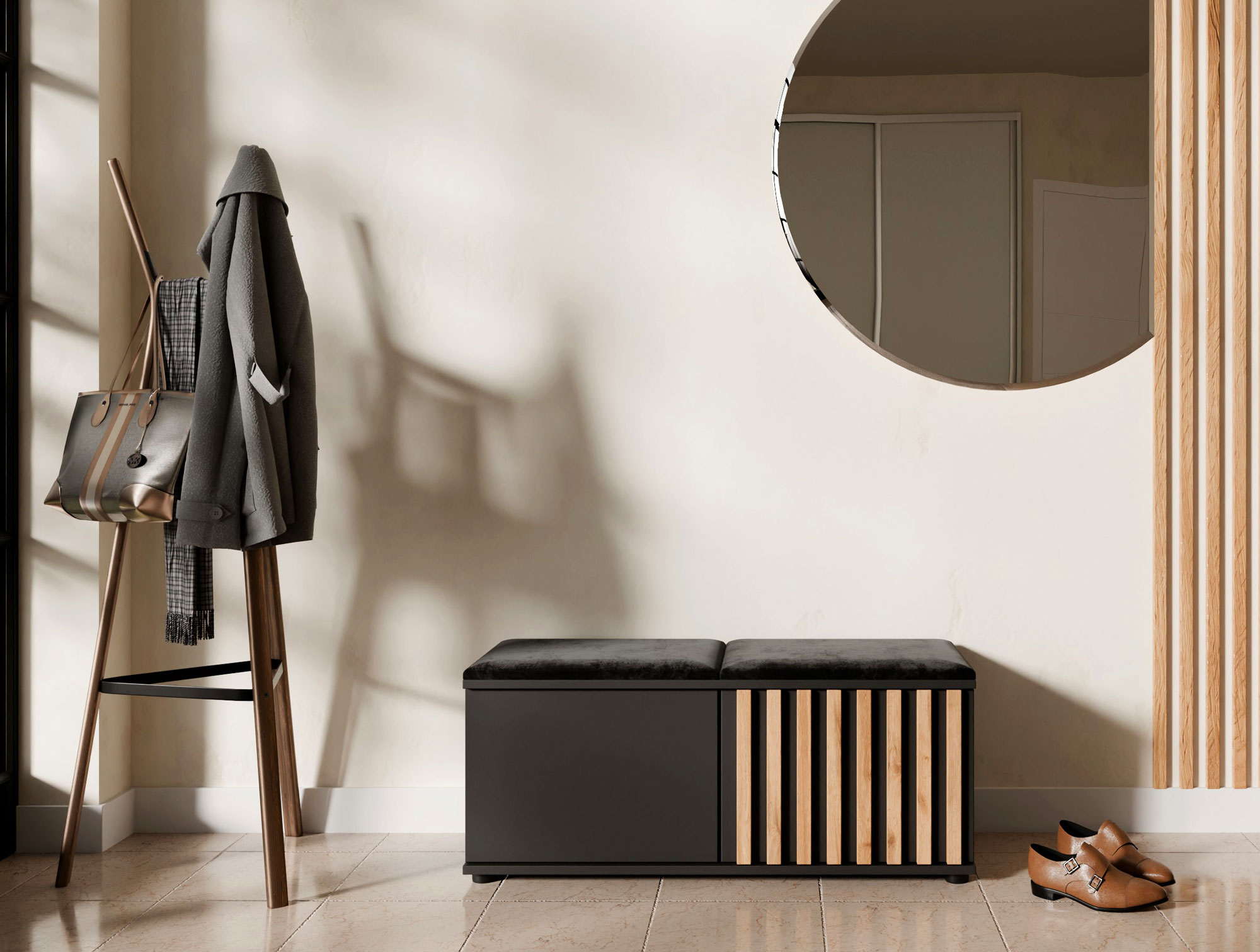 Przedpokój z czarną szafką na buty z siedziskiem Benisso