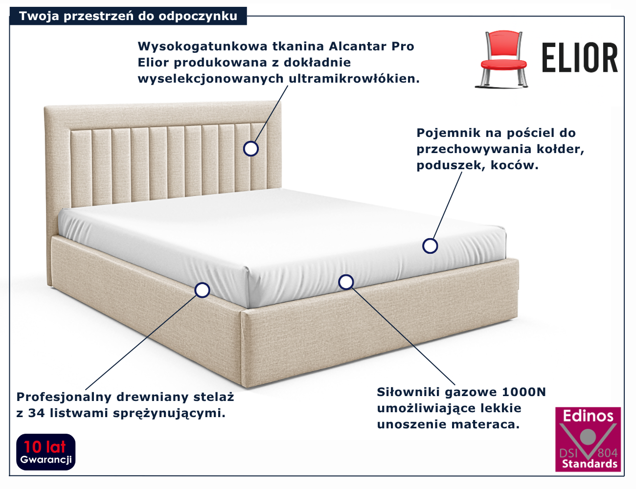 Kremowe tapicerowane łóżko z pojemnikiem Merassi