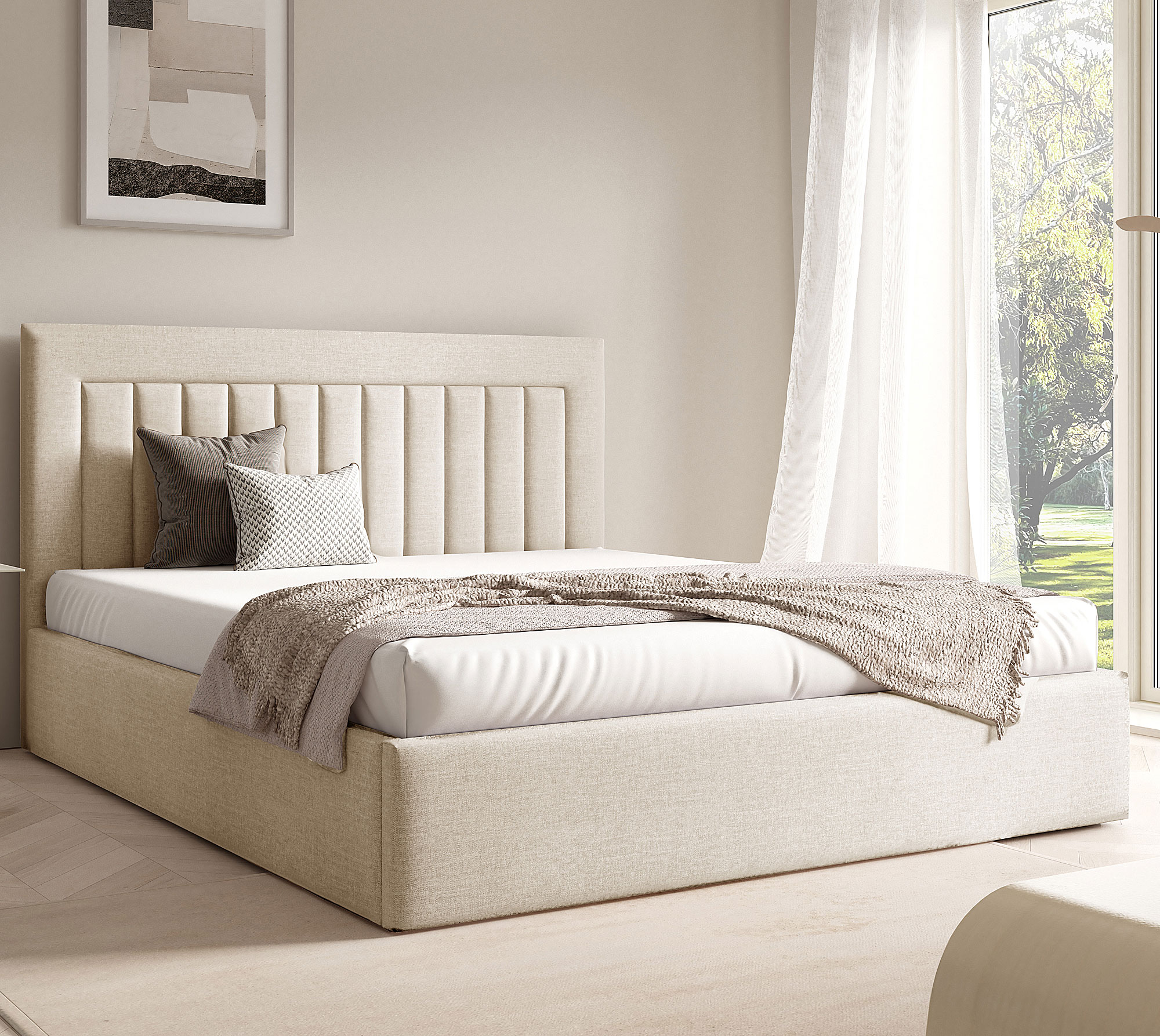 Aranżacja wnętrza z kremowym łóżkiem Merassi