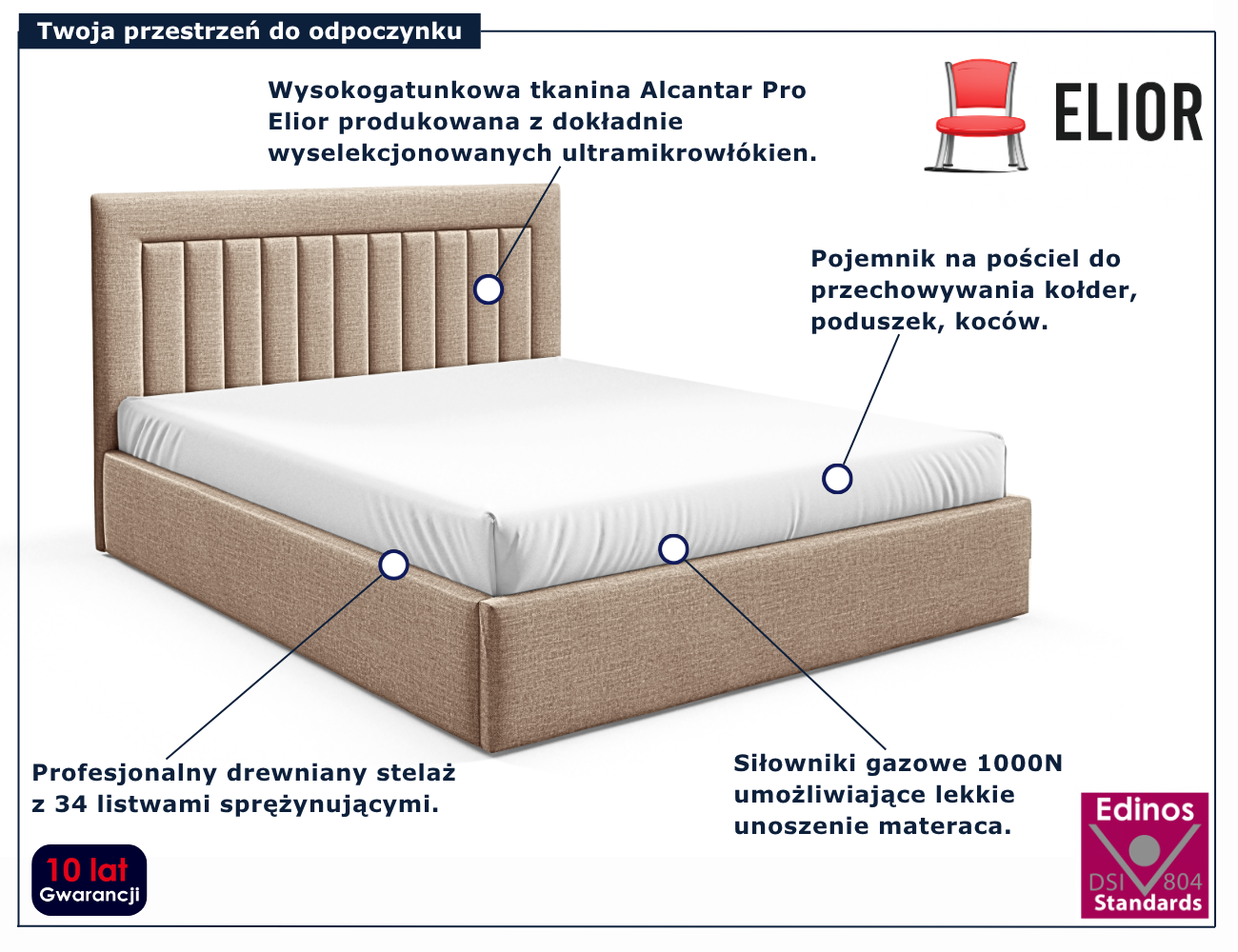 Beżowe tapicerowane łóżko z pojemnikiem Merassi