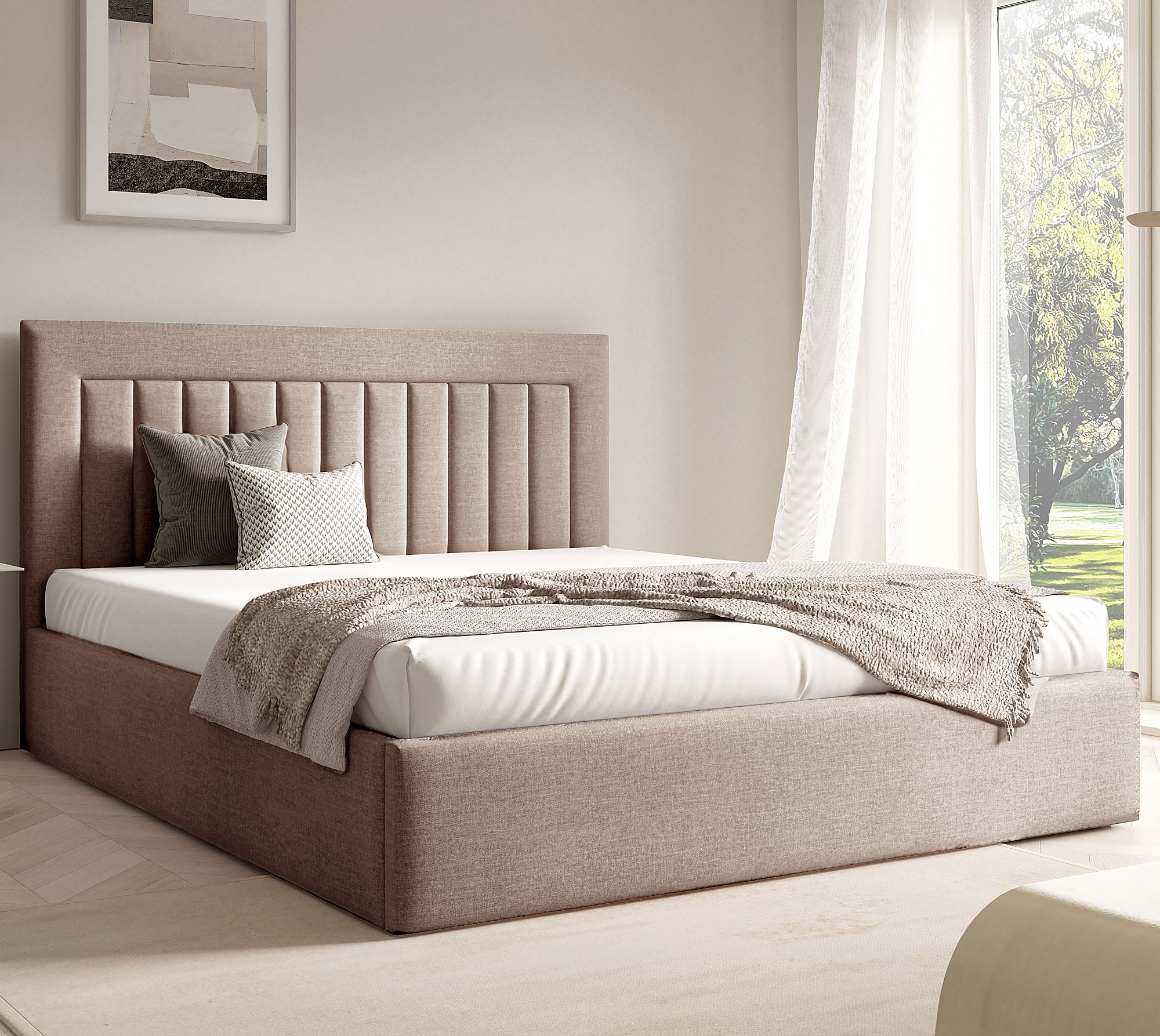 Aranżacja wnętrza z beżowym łóżkiem Merassi