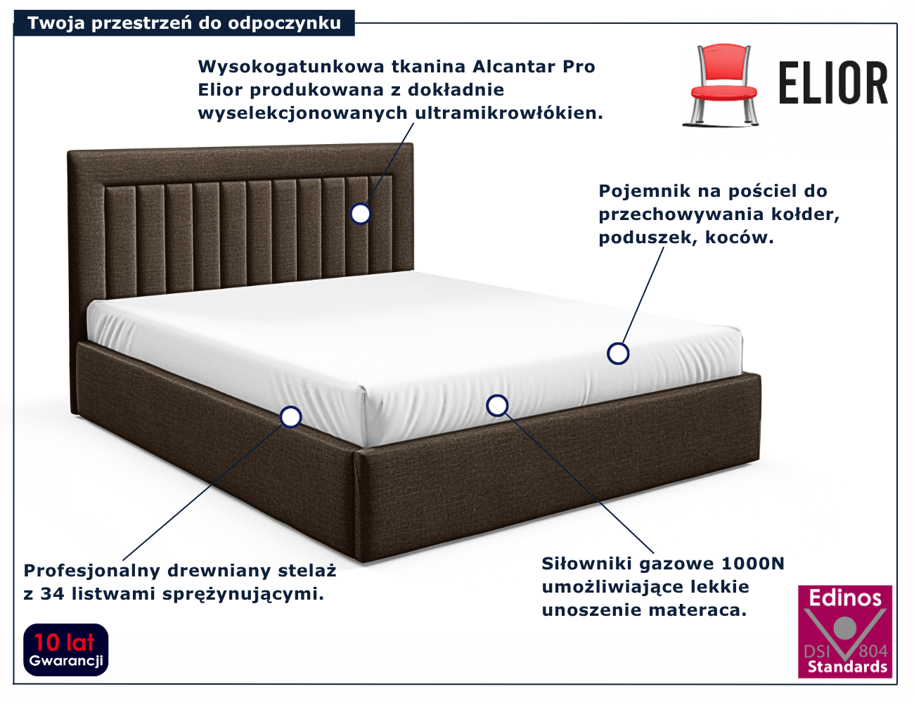 Brązowe tapicerowane łóżko z pojemnikiem Merassi