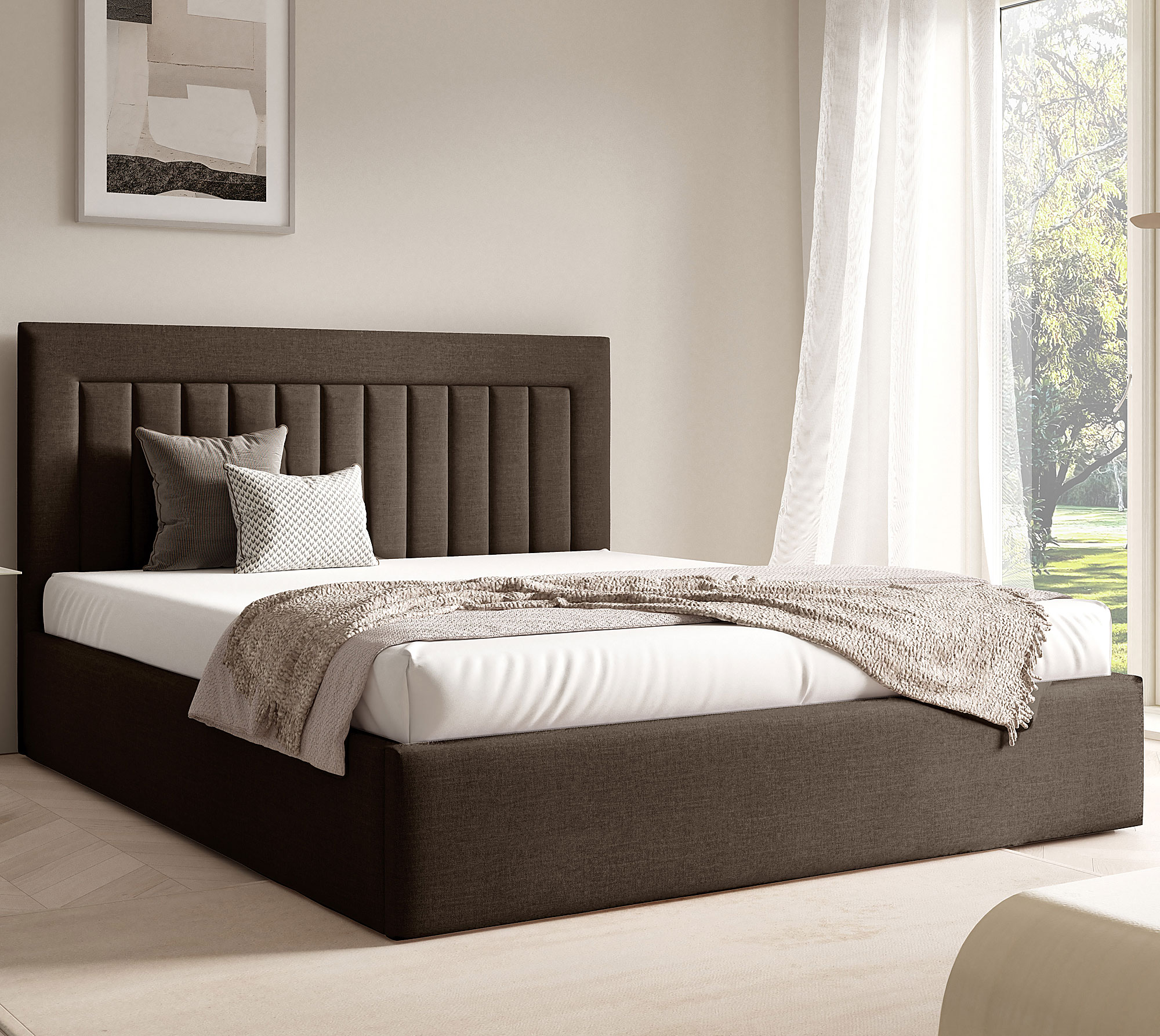 Aranżacja wnętrza z brązowym łóżkiem Merassi