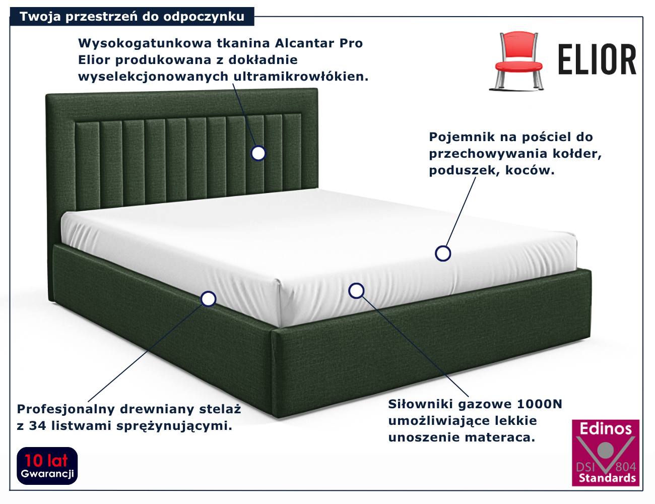 Zielone tapicerowane łóżko z pojemnikiem Merassi