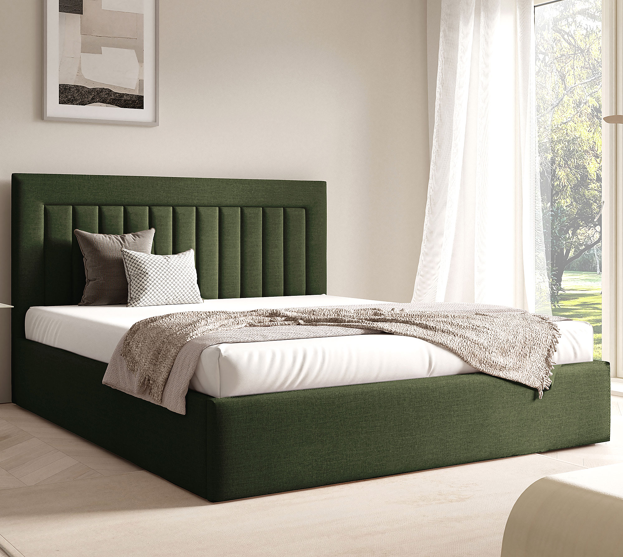 Aranżacja wnętrza z zielonym łóżkiem Merassi