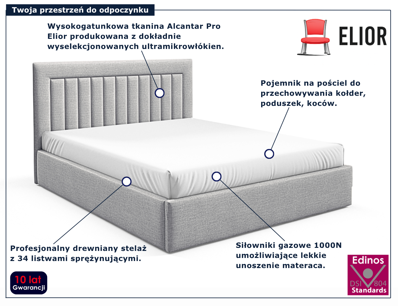 Jasnoszare tapicerowane łóżko z pojemnikiem Merassi