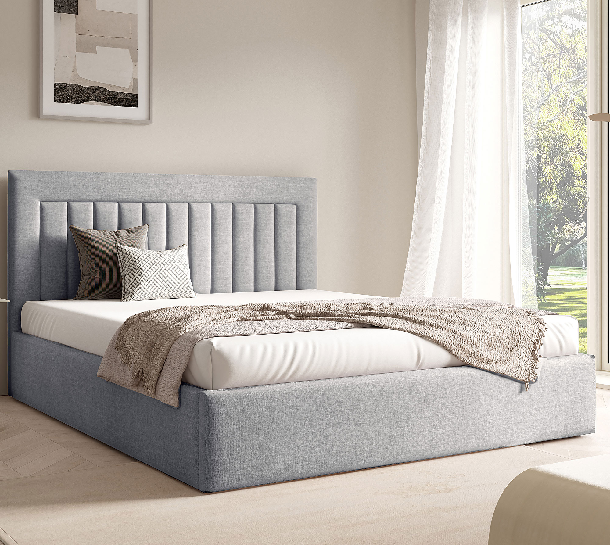 Aranżacja wnętrza z jasnoszarym łóżkiem Merassi