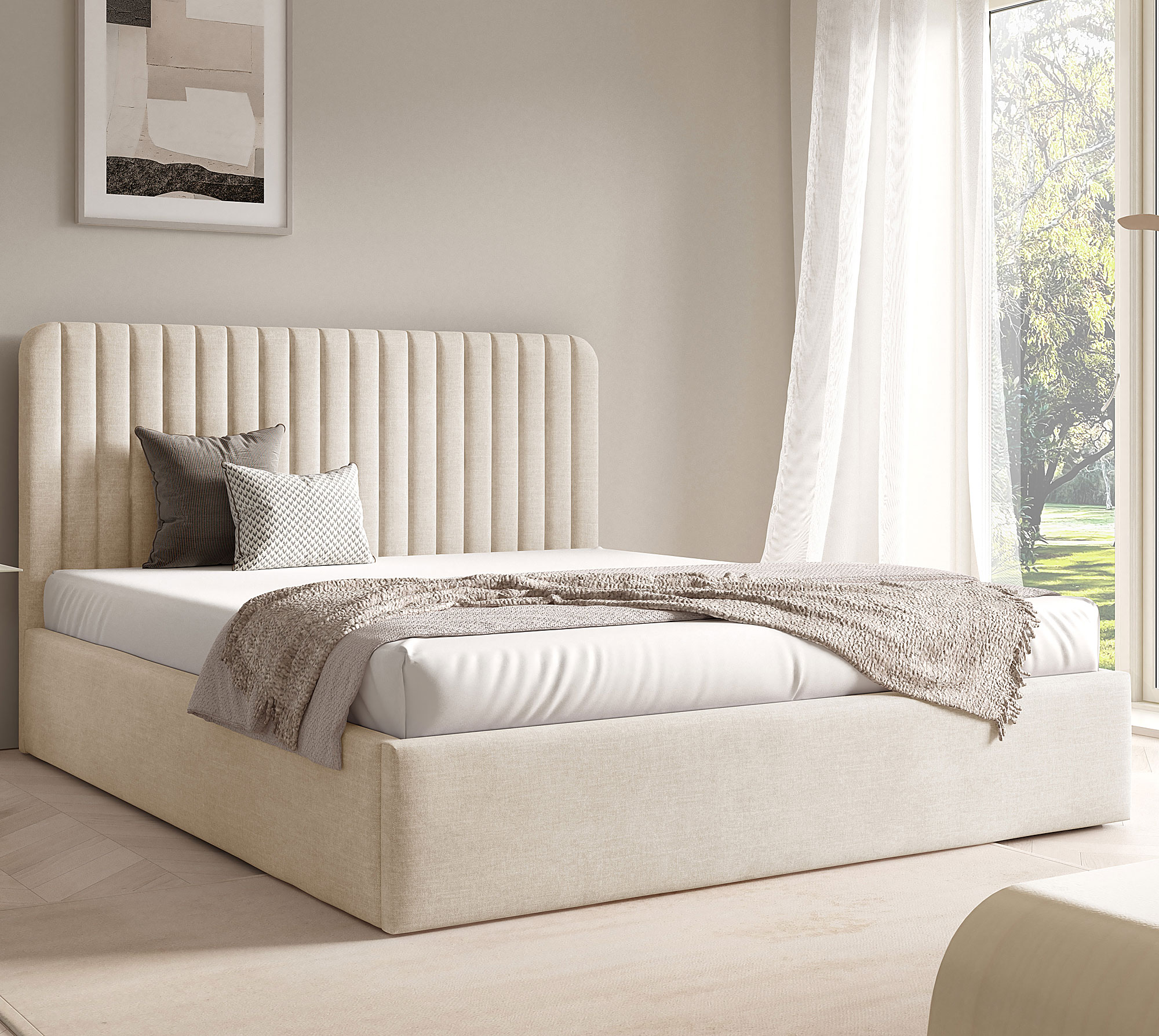 Aranżacja wnętrza z beżowym łóżkiem Revani