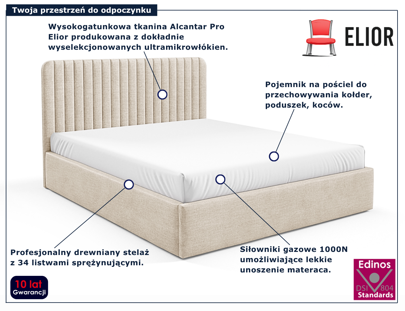 Beżowe tapicerowane łóżko z pojemnikiem Revani