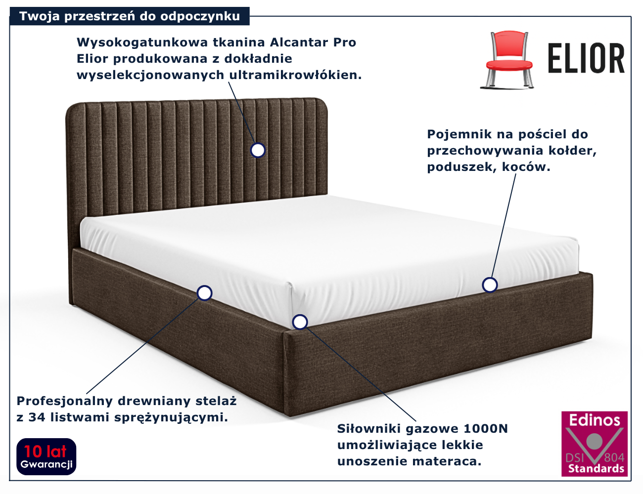 Brązowe tapicerowane łóżko z pojemnikiem Revani