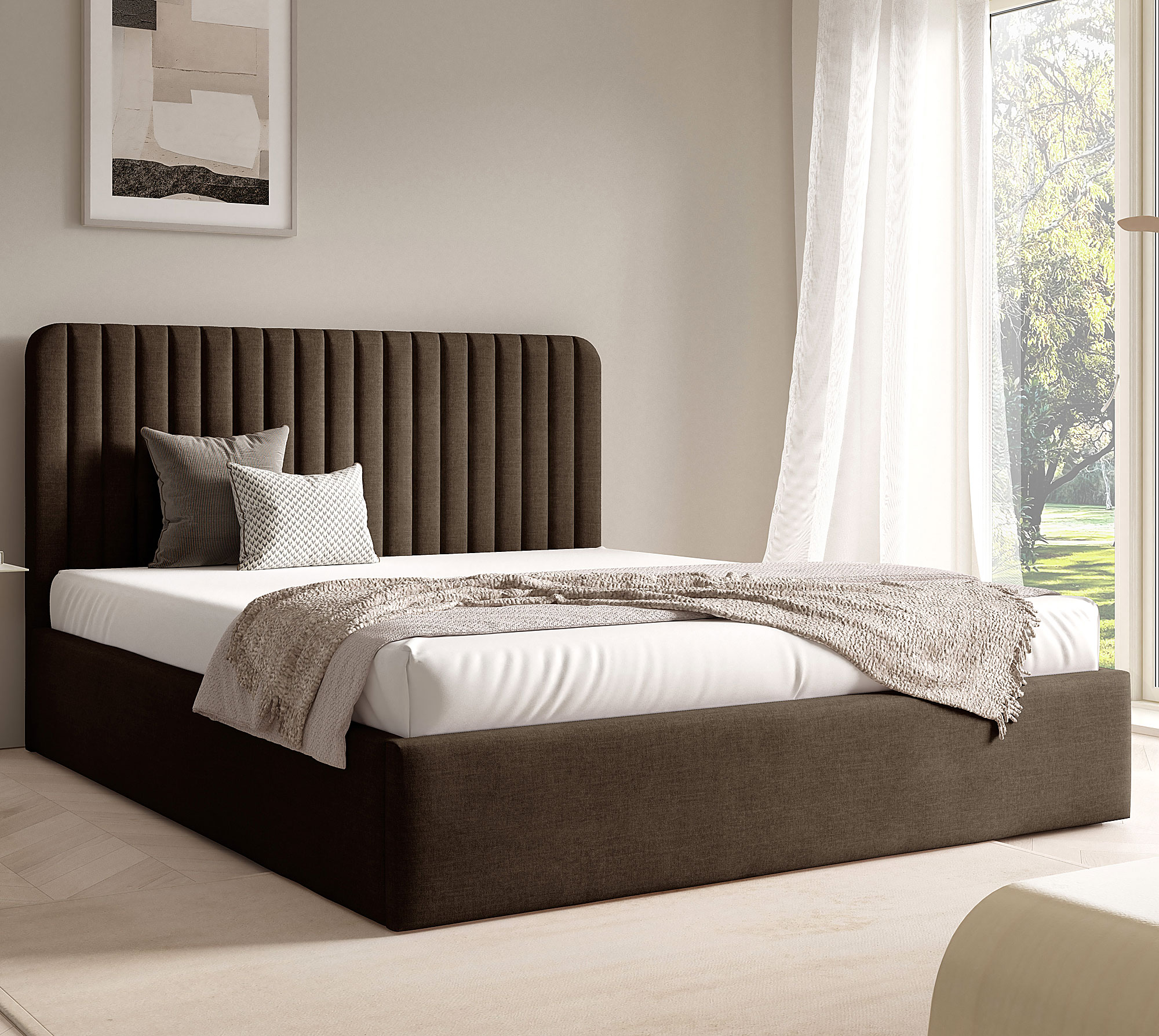 Aranżacja wnętrza z brązowym łóżkiem Revani