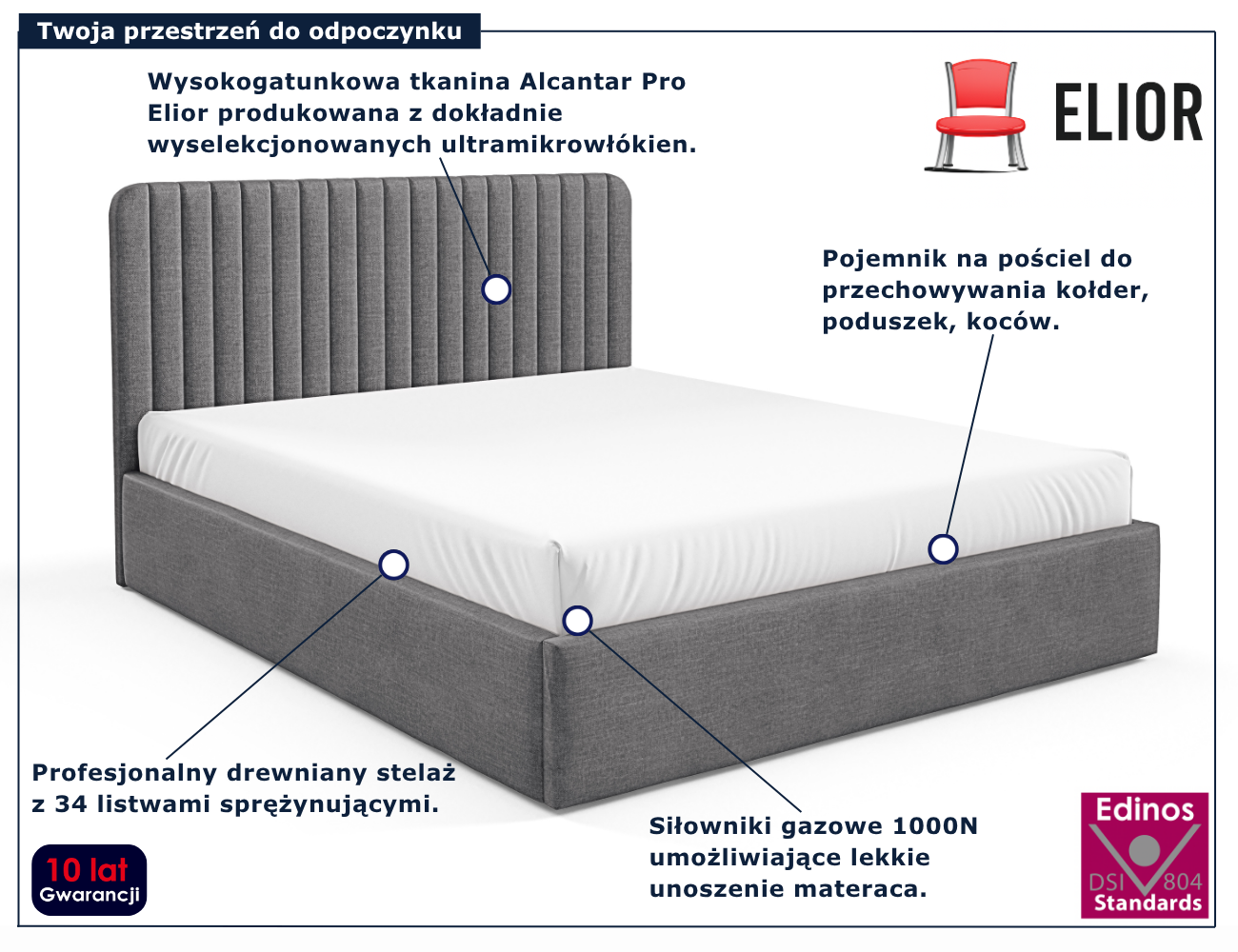 Szare tapicerowane łóżko z pojemnikiem Revani