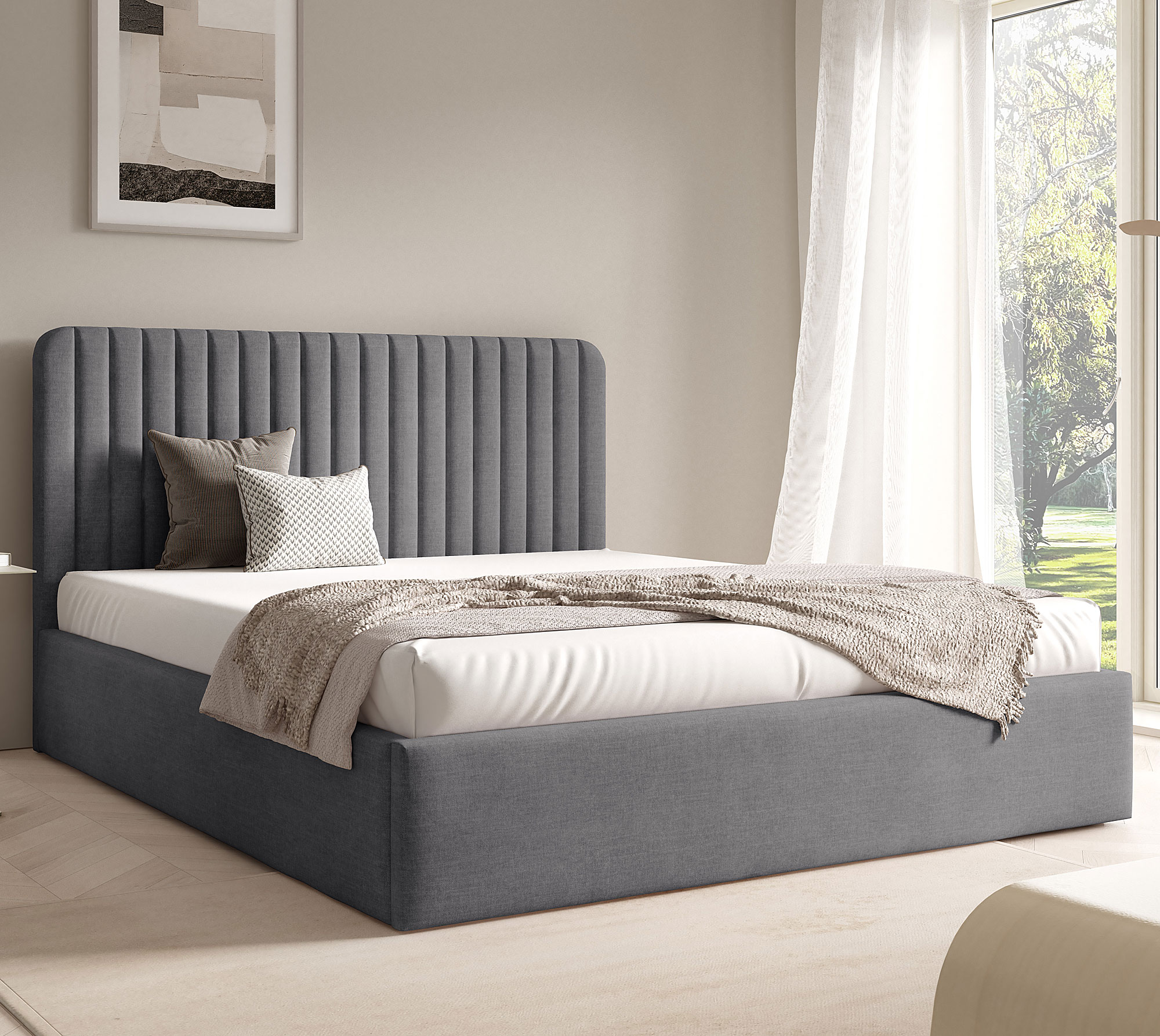 Aranżacja wnętrza z szarym łóżkiem Revani