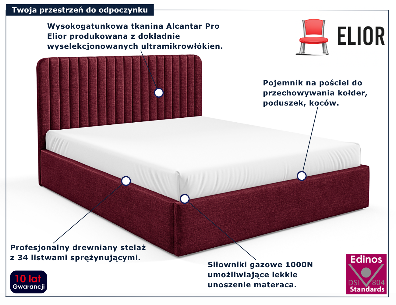 Czerwone tapicerowane łóżko z pojemnikiem Revani