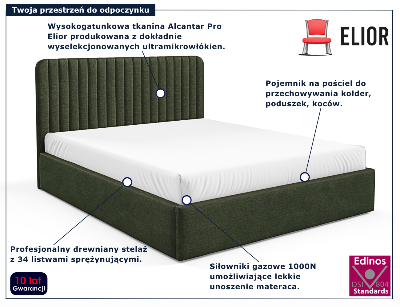Zielone tapicerowane łóżko z pojemnikiem Revani