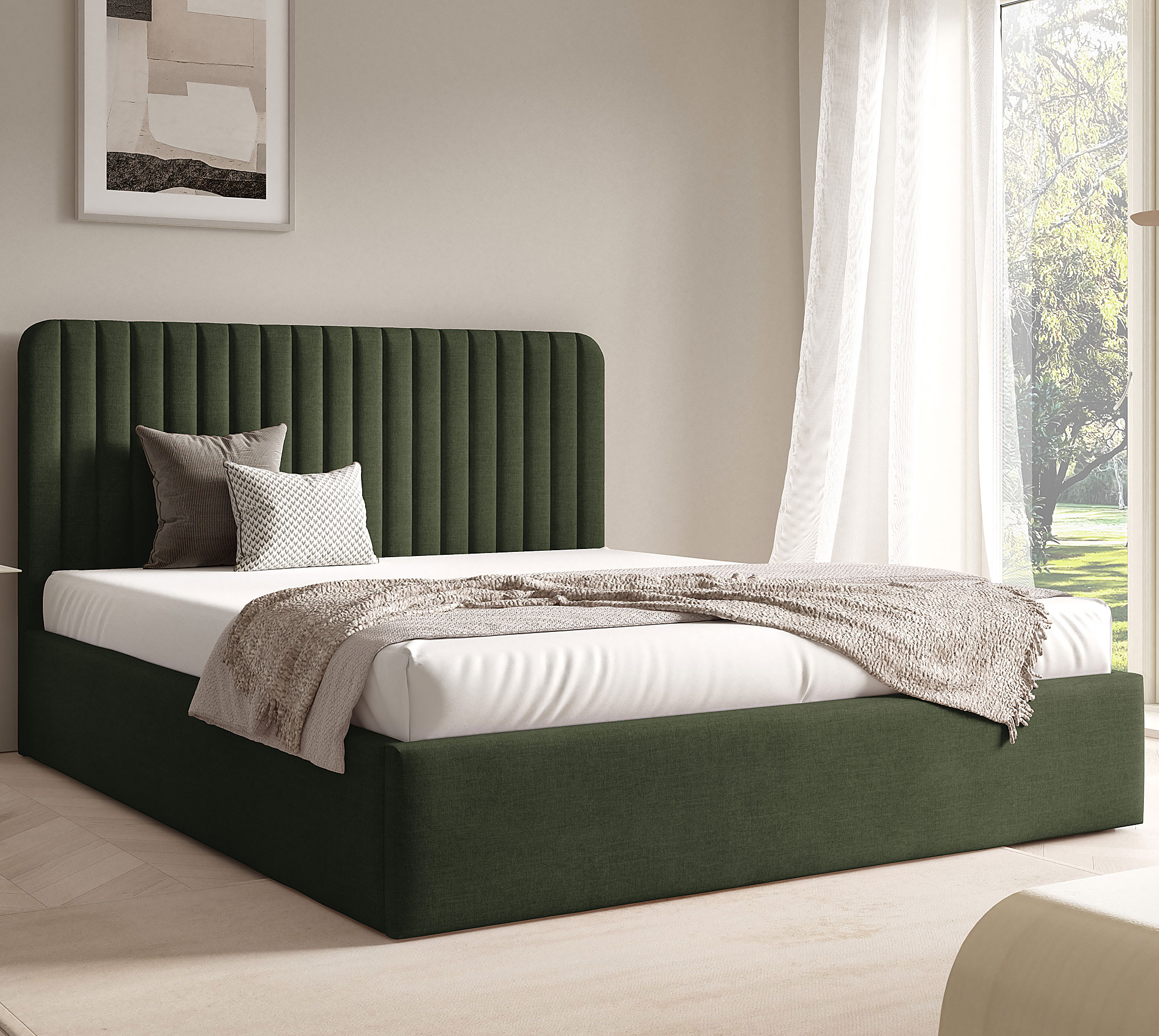 Aranżacja wnętrza z zielonym łóżkiem Revani