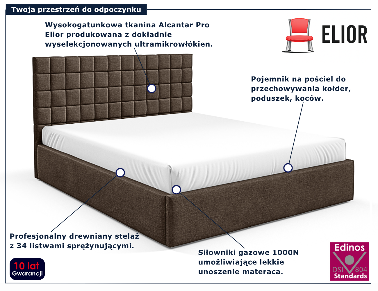 Brązowe tapicerowane łóżko z pojemnikiem Merenzo