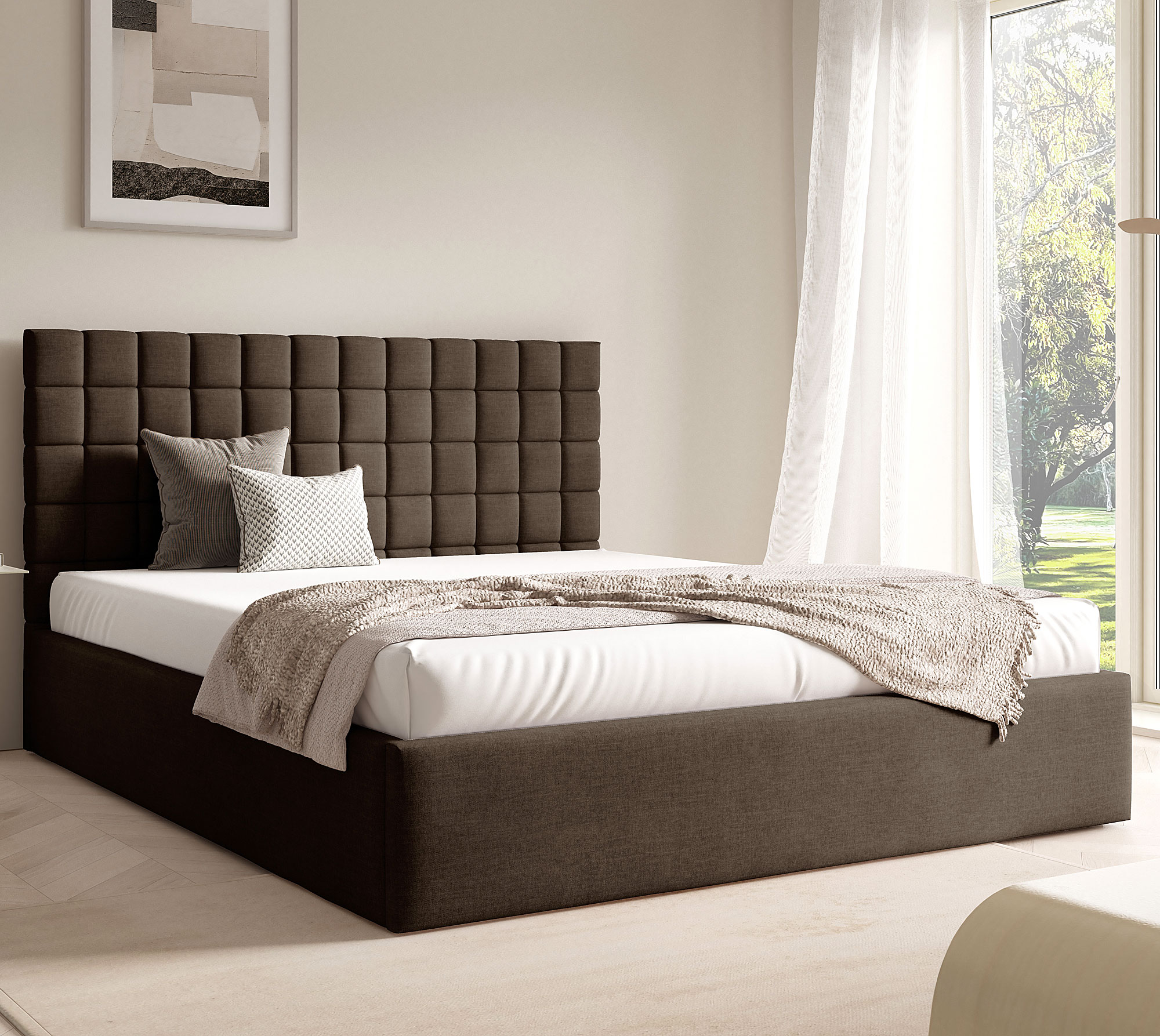 Aranżacja wnętrza z brązowym łóżkiem Merenzo