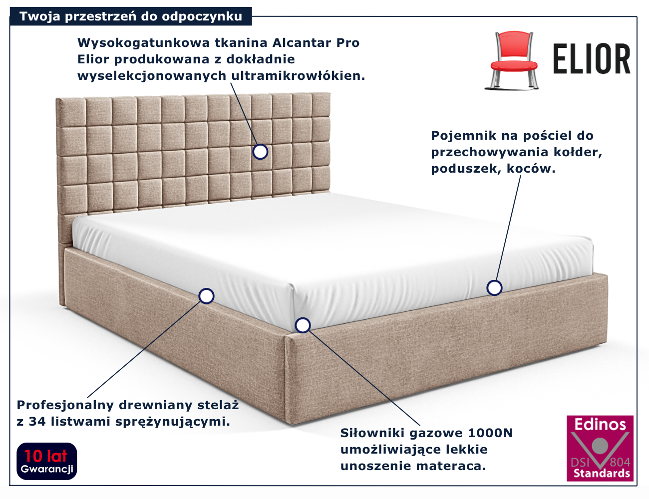 Ciemnobeżowe tapicerowane łóżko z pojemnikiem Merenzo