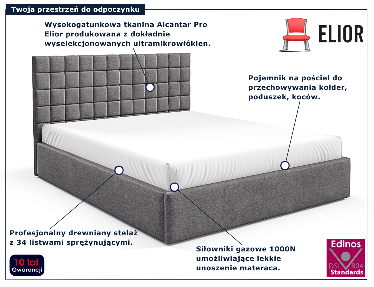 Ciemnoszare tapicerowane łóżko z pojemnikiem Merenzo