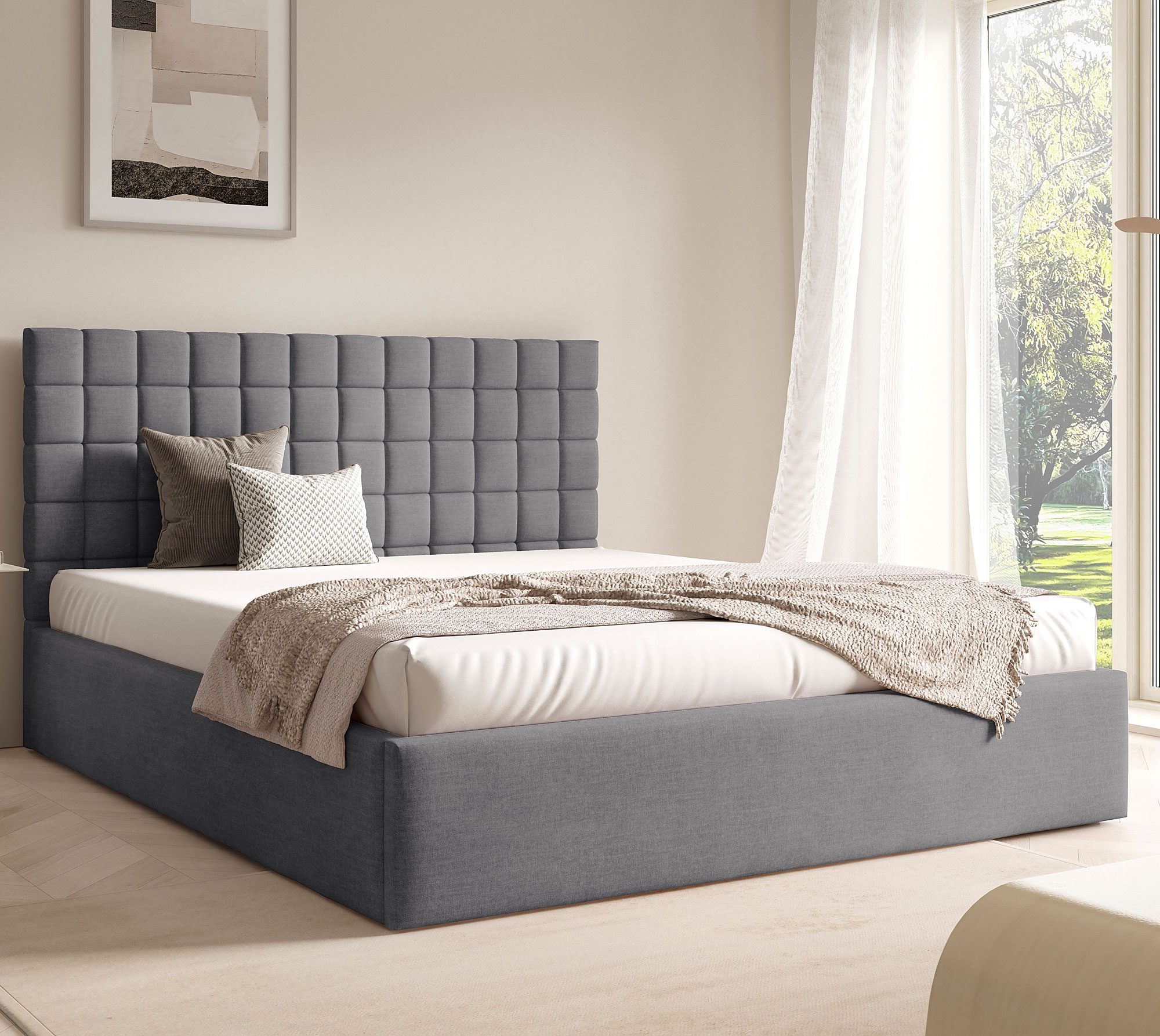 Aranżacja wnętrza z ciemnoszarym łóżkiem Merenzo