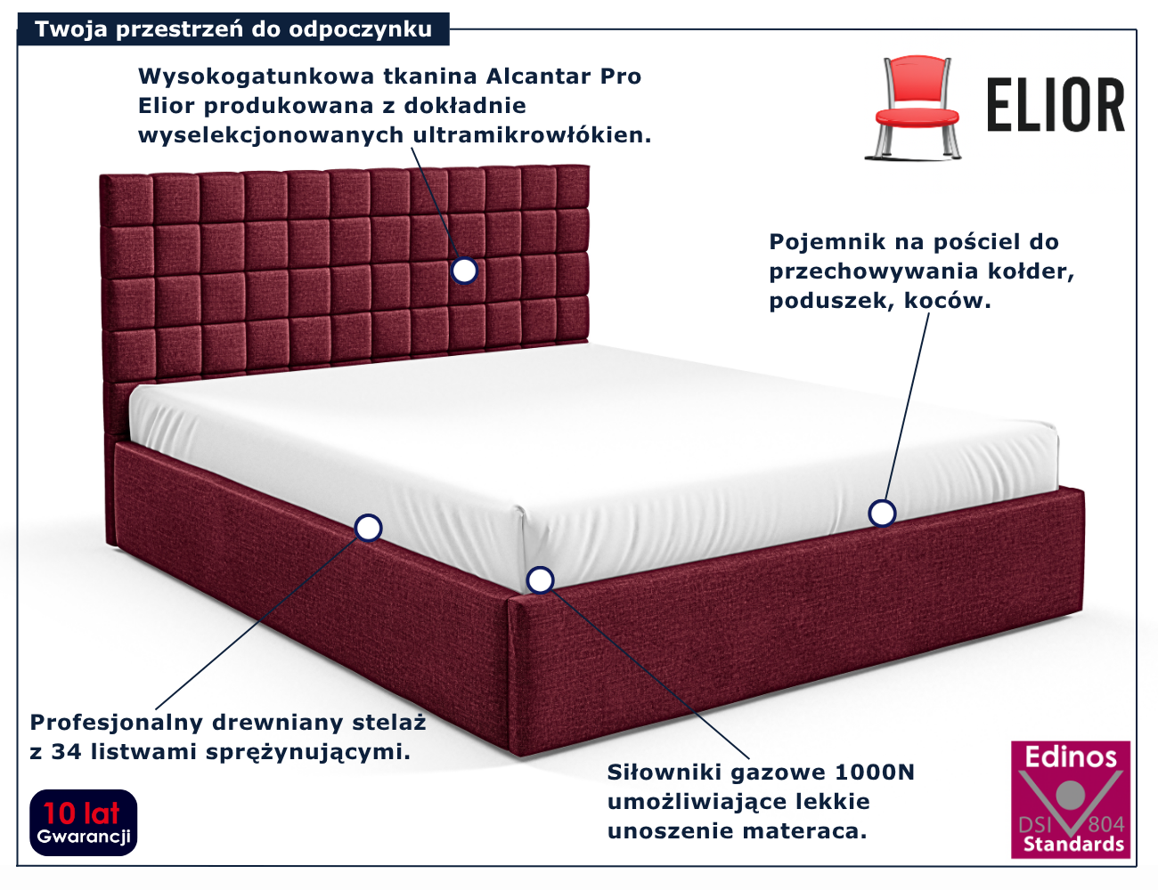 Czerwone tapicerowane łóżko z pojemnikiem Merenzo