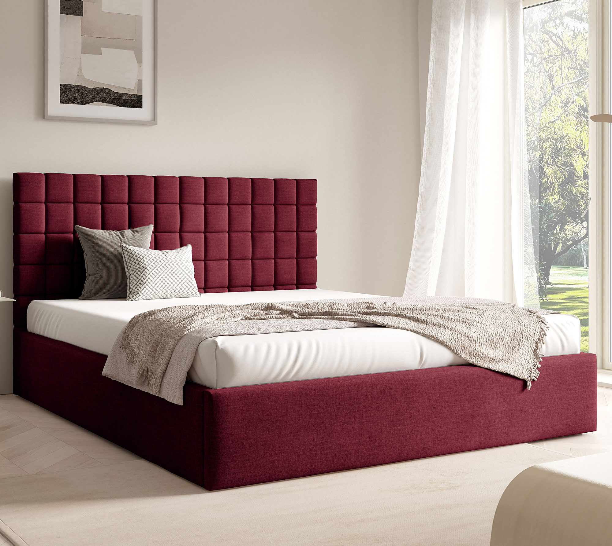 Aranżacja wnętrza z czerwonym łóżkiem Merenzo