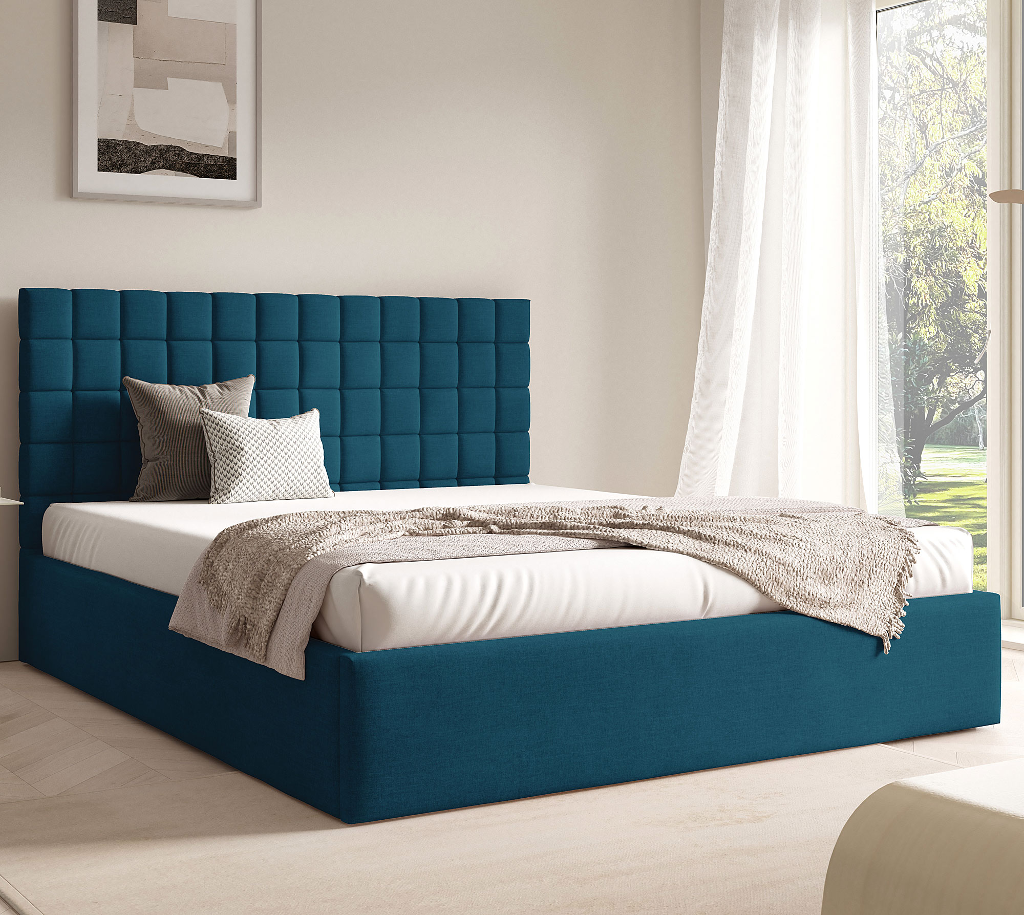 Aranżacja wnętrza z granatowym łóżkiem Merenzo