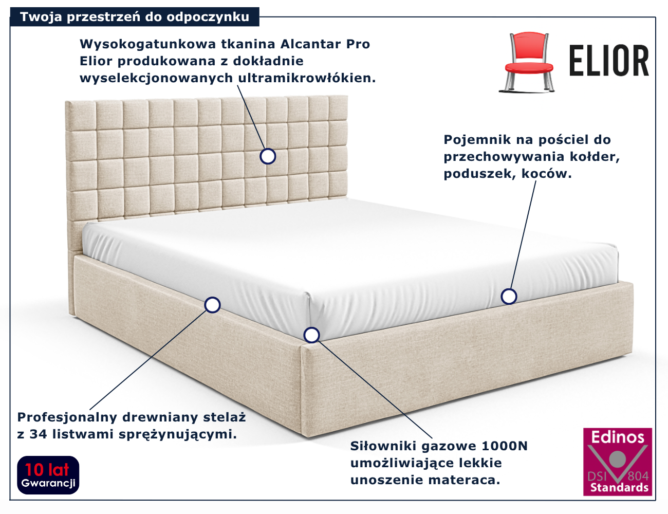 Jasnobeżowe tapicerowane łóżko z pojemnikiem Merenzo