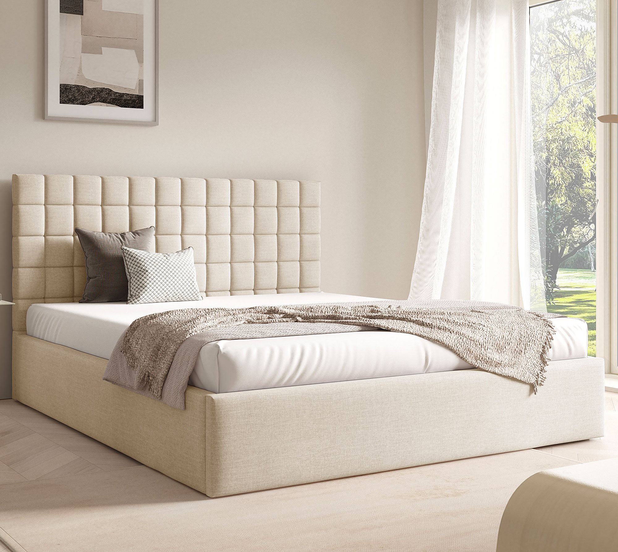 Aranżacja wnętrza z jasnobeżowym łóżkiem Merenzo