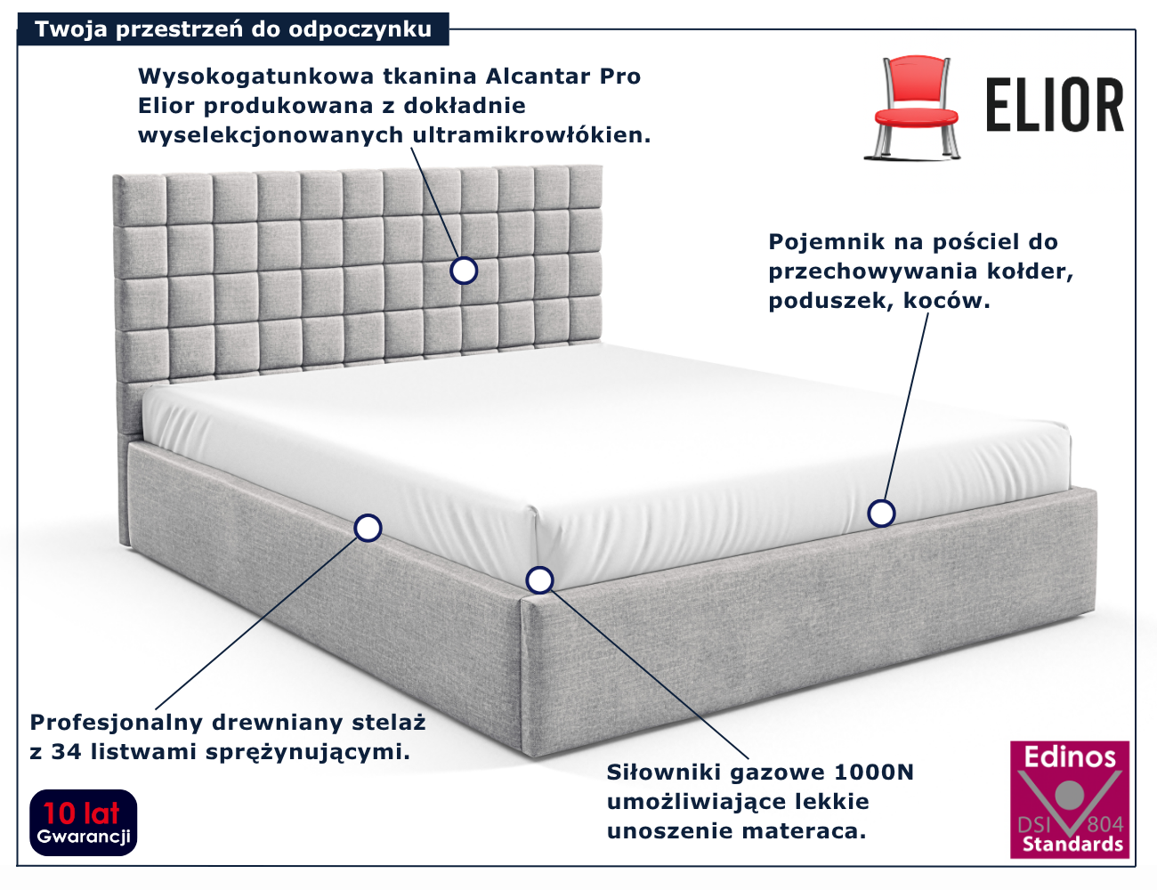 Jasnoszare tapicerowane łóżko z pojemnikiem Merenzo